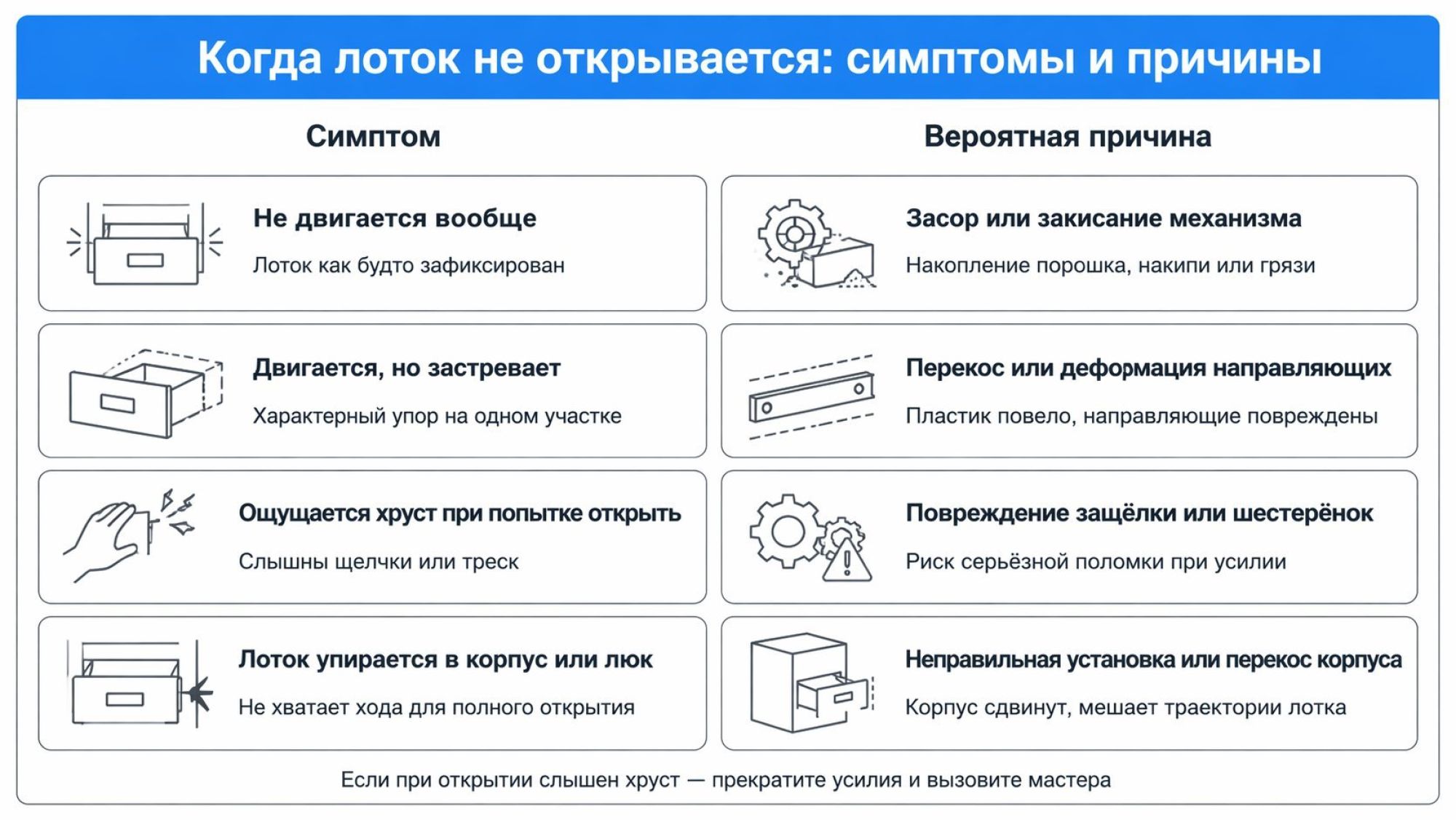 Вертикальная инфографика «карта симптомов». Слева колонка с четырьмя горизонтальными блоками‑симптомами, справа напротив каждого — блок «Вероятная причина». Вверху заголовок на