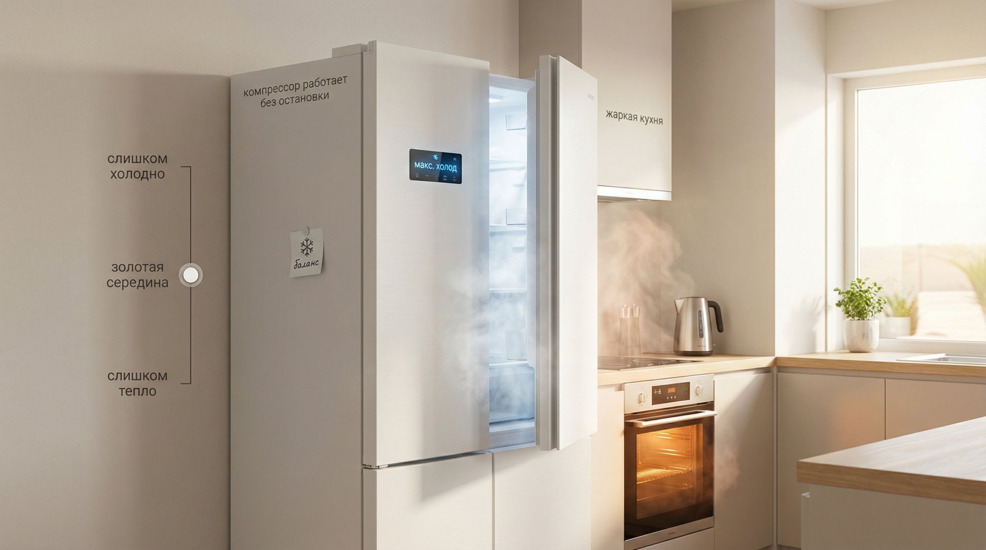 Современная светлая кухня в мягких нейтральных тонах, в центре композиции — высокий белый холодильник. Вид слегка сбоку, чтобы была видна боковая стенка и дверца. Справа от