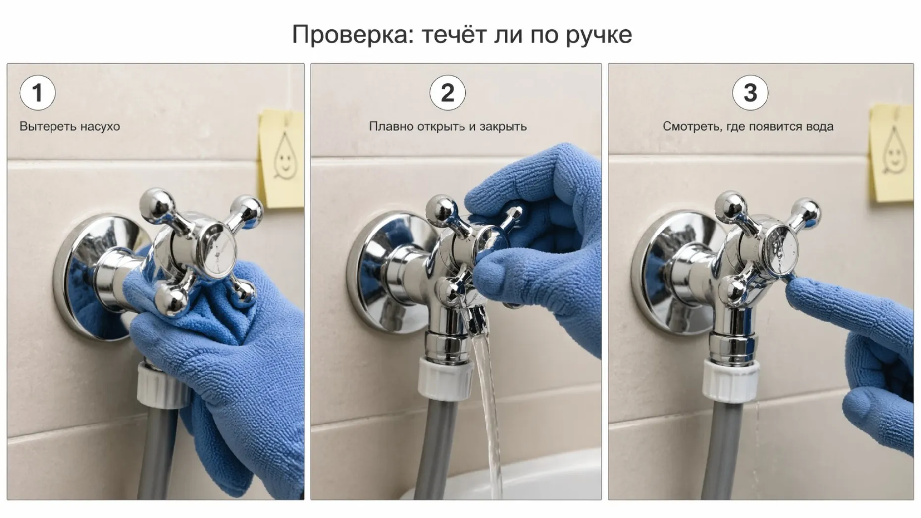 Небольшая пошаговая сцена в три кадра, расположенных горизонтально, каждый в отдельной рамке с тонкой обводкой. Над всей сценой заголовок крупным шрифтом: «Проверка: течёт ли по