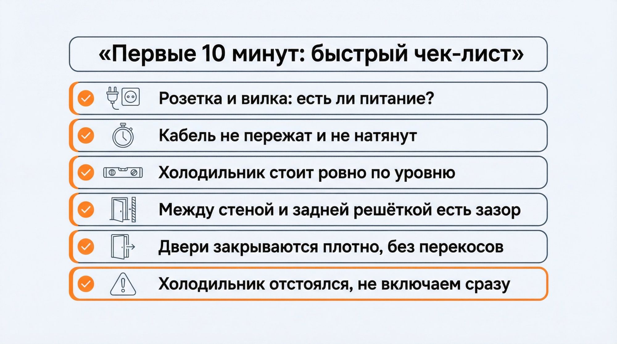 Плоская инфографика в виде вертикального чек-листа «Первые 10 минут: быстрый осмотр» в правой части листа, слева к каждому пункту небольшая иконка. Вверху крупный заголовок