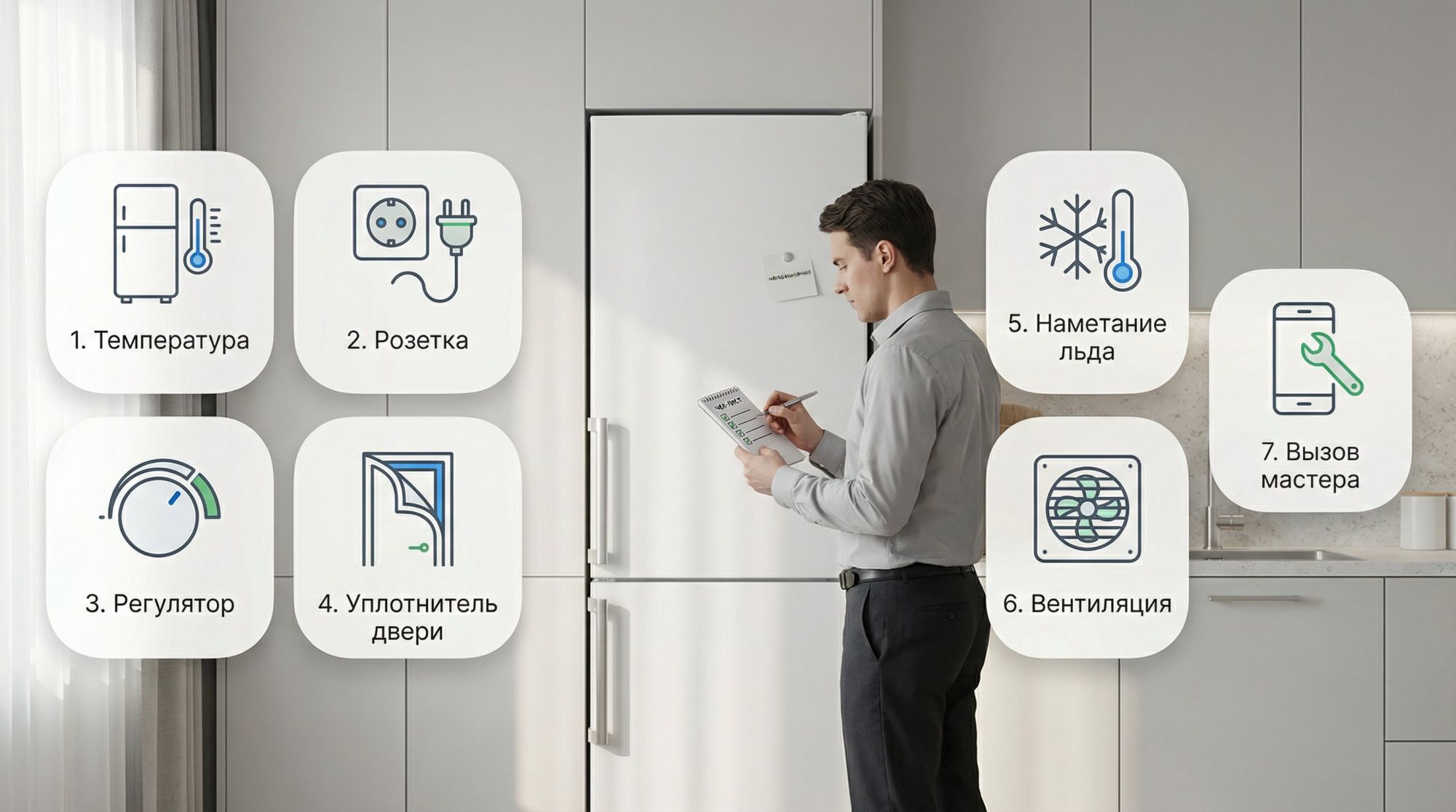 Современная аккуратная кухня в нейтральных тонах, в центре крупно — стандартный холодильник. Перед ним стоит человек в профиль, в одной руке держит небольшой блокнот, в другой —