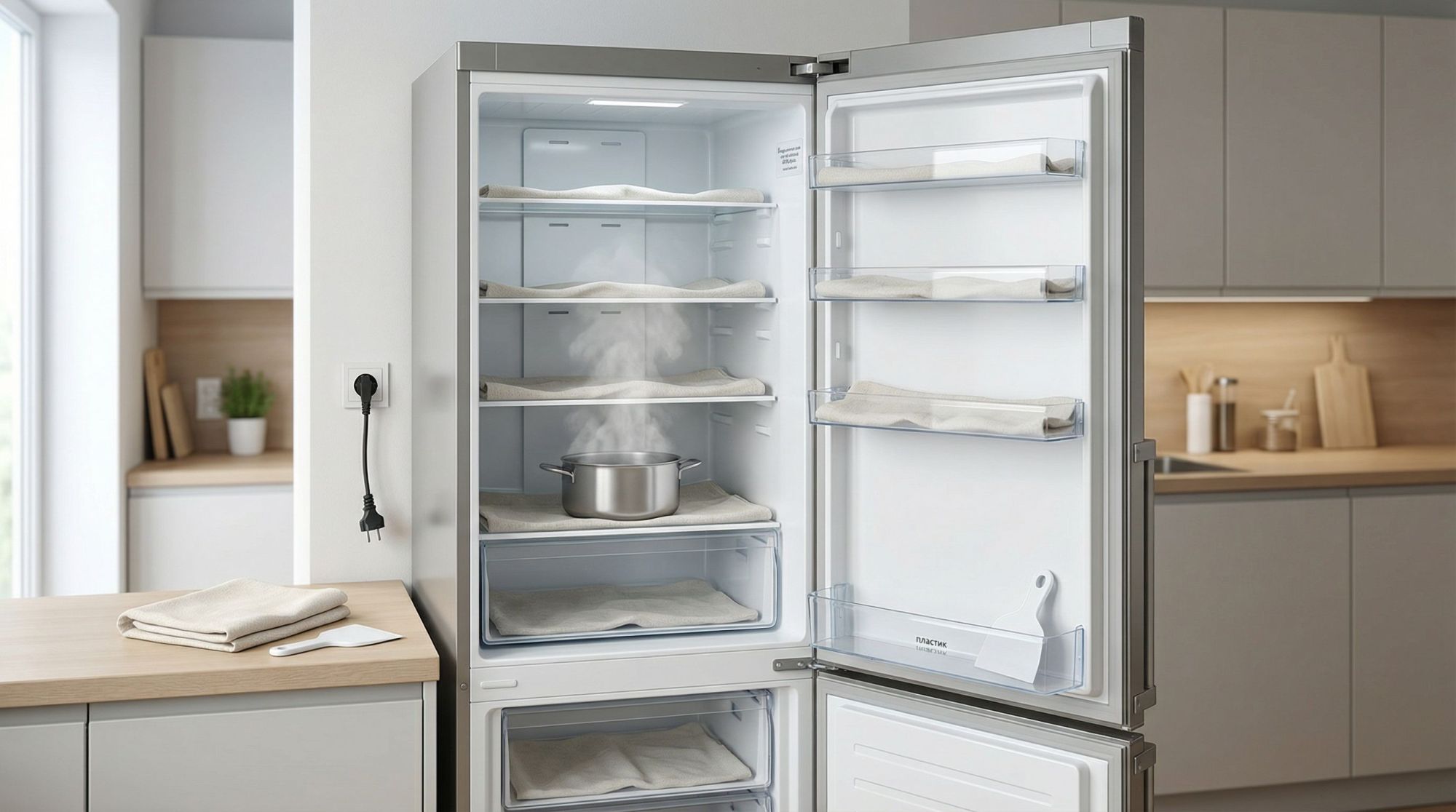 Горизонтальная иллюстрация, разделена визуально на две половины легкой вертикальной линией по центру. В левой половине — спокойная домашняя сцена: стандартный белый холодильник на