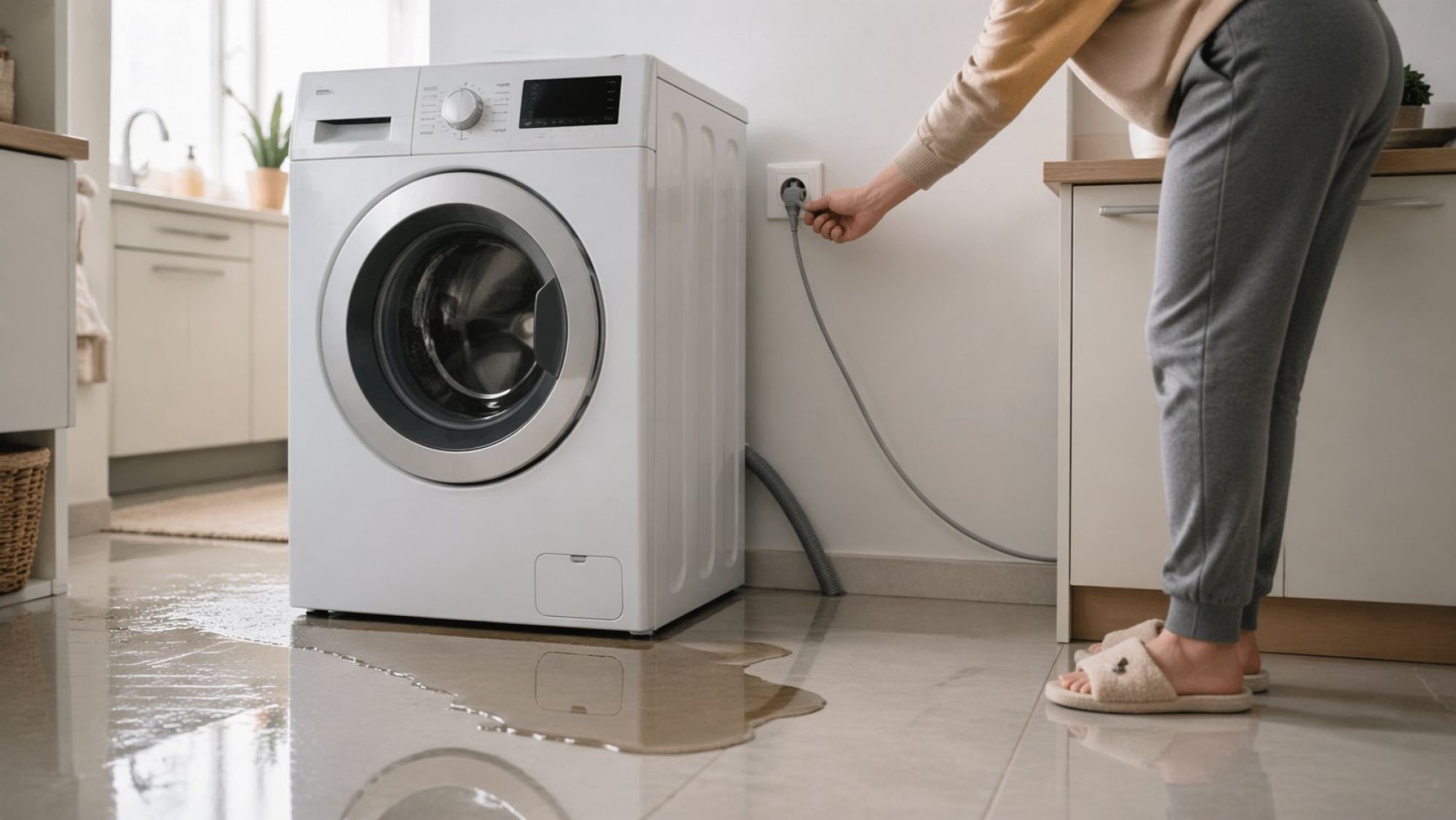 Современная стиральная машина в обычной кухне или ванной, на светлом полу видна небольшая лужа воды, растекающаяся спереди и немного сбоку. На переднем плане хозяин (можно
