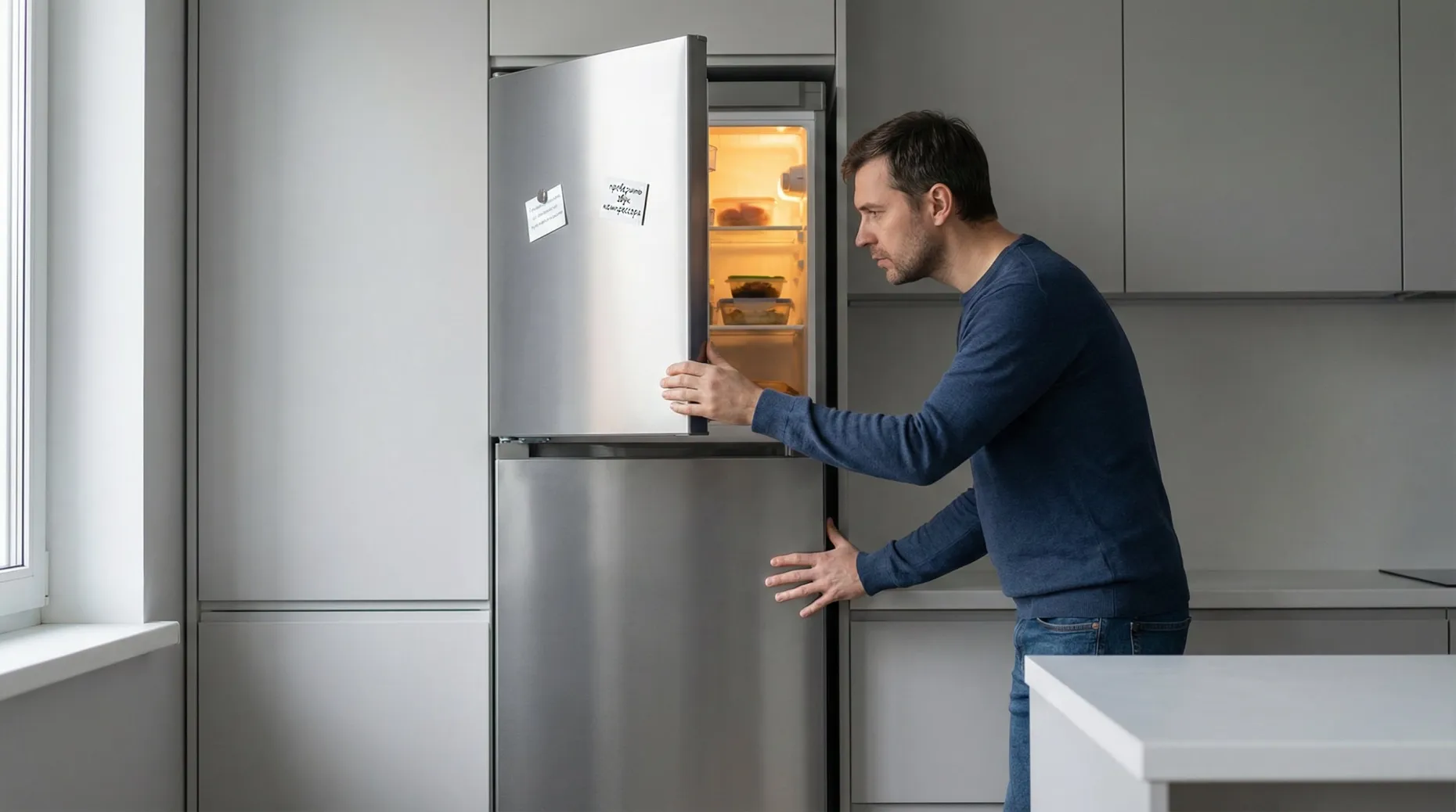 Современная кухня в нейтральных тонах, в центре — стандартный двухкамерный холодильник, дверца немного приоткрыта. Внутри камеры видно, что лампочка горит тёплым светом. Рядом с