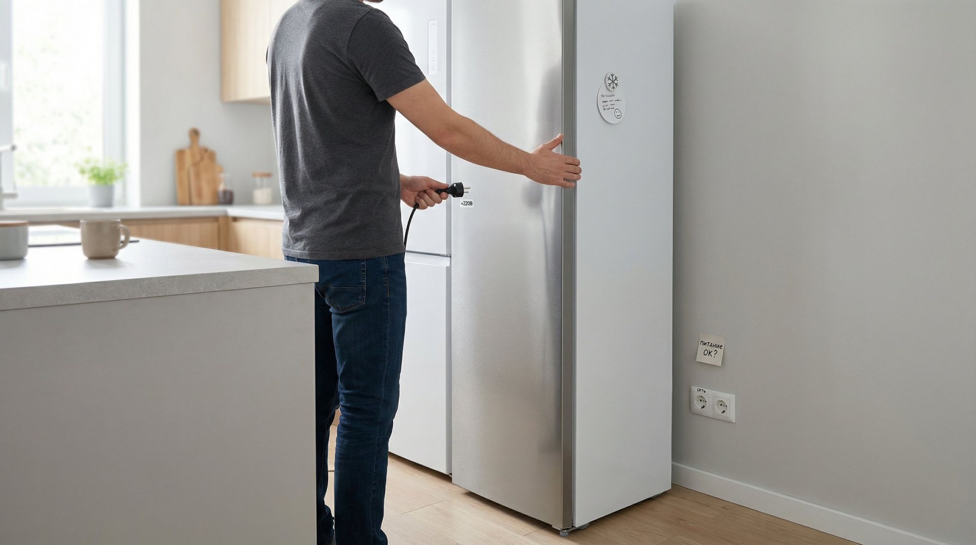 Современная кухня в нейтральных тонах, на переднем плане отдельно стоящий вертикальный морозильник. Владелец в повседневной одежде стоит рядом и по шагам проверяет питание: одной