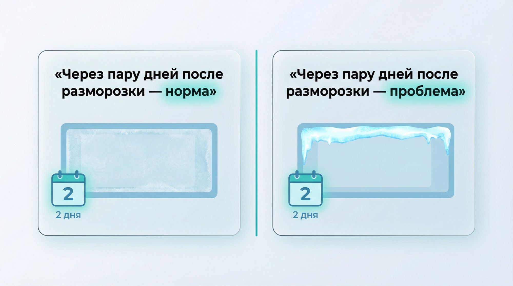 Горизонтальная сравнительная схема «до/после разморозки». Слева блок с заголовком сверху: «Через пару дней после разморозки — норма». Под ним упрощенный вид внутренней стенки