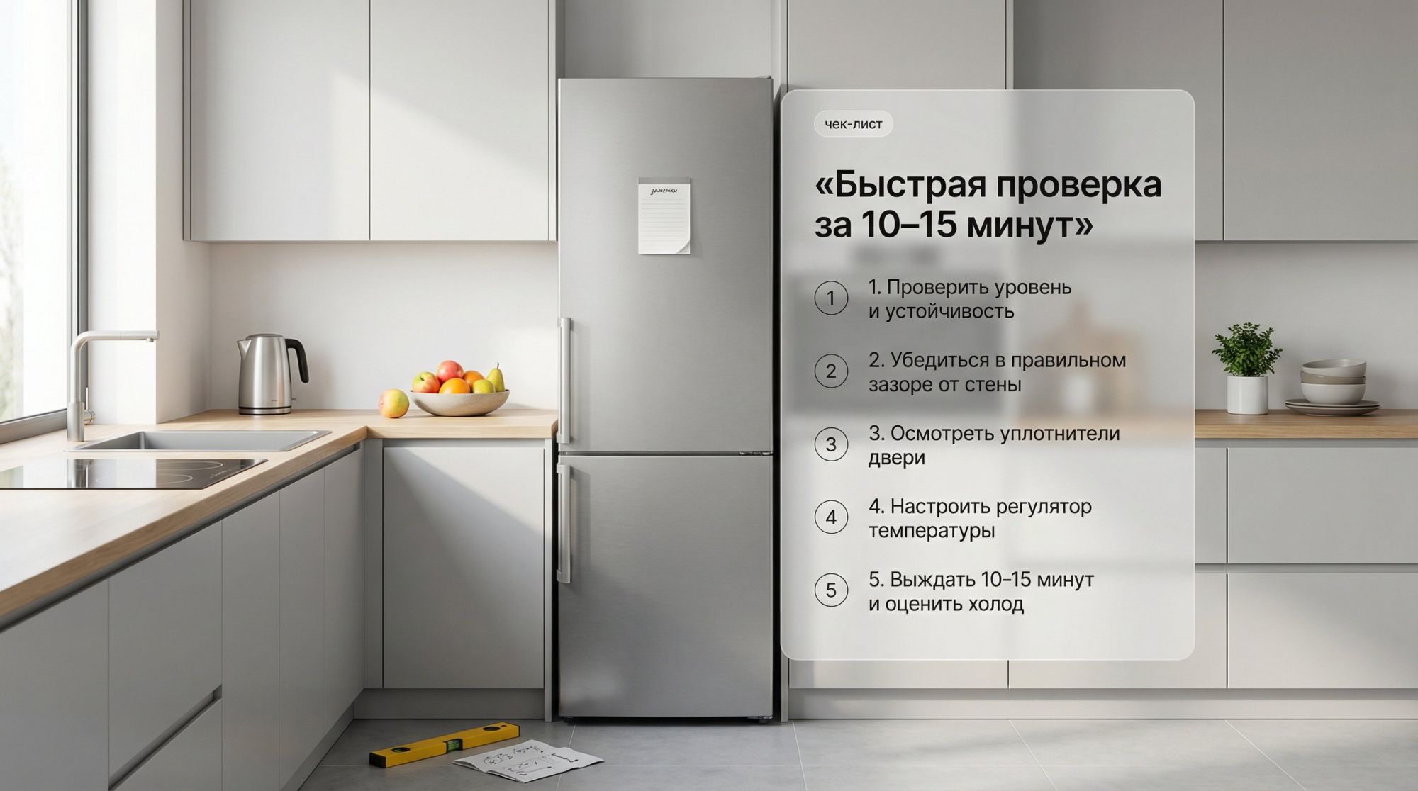 Современная кухня в нейтральных тонах, в центре — отдельно стоящий холодильник средней высоты. На переднем плане полупрозрачным слоем наложен вертикальный чек-лист «Быстрая