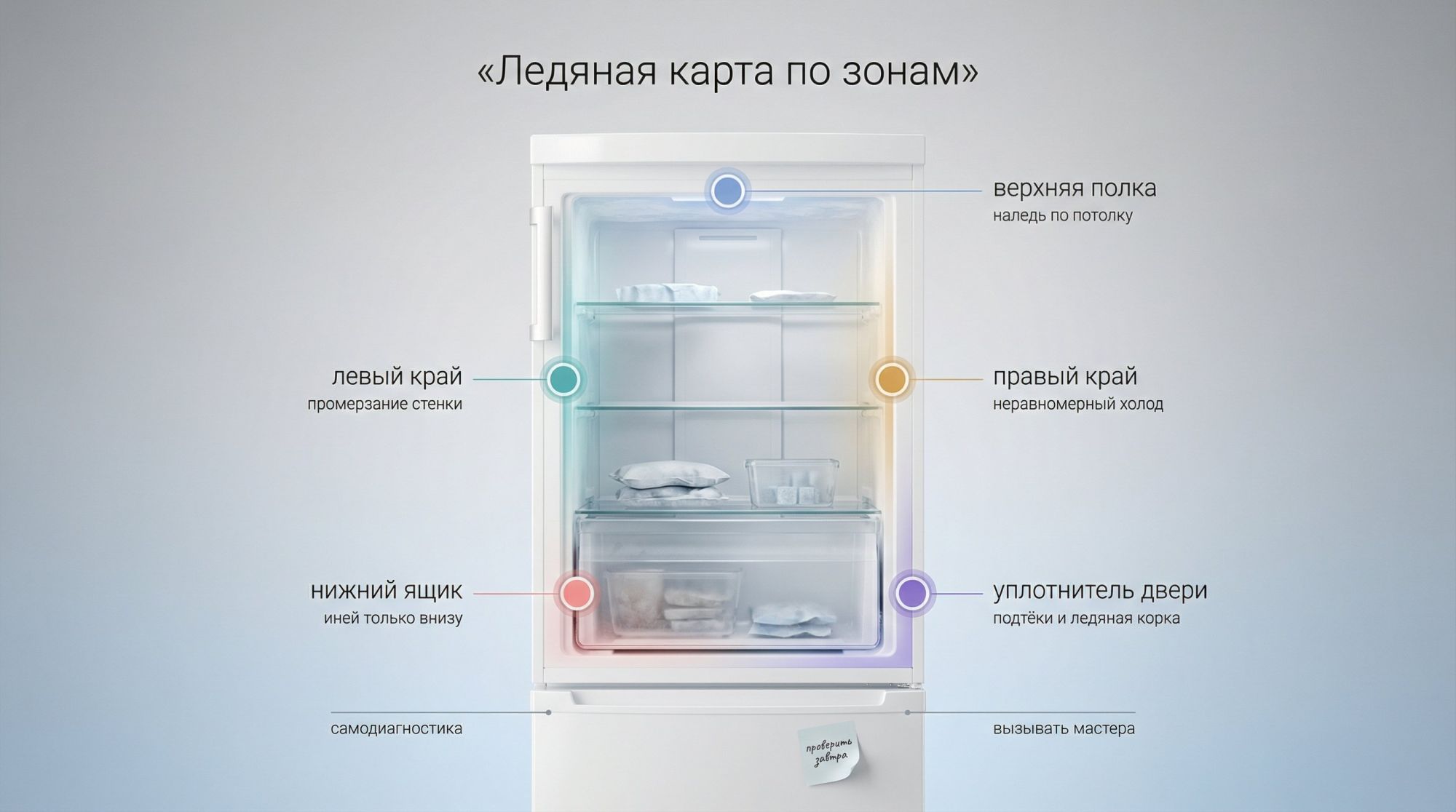Инфографика в виде схемы морозильной камеры спереди, разделённой на зоны, с заголовком сверху крупным шрифтом: «Ледяная карта по зонам». В центре — упрощённый прямоугольник