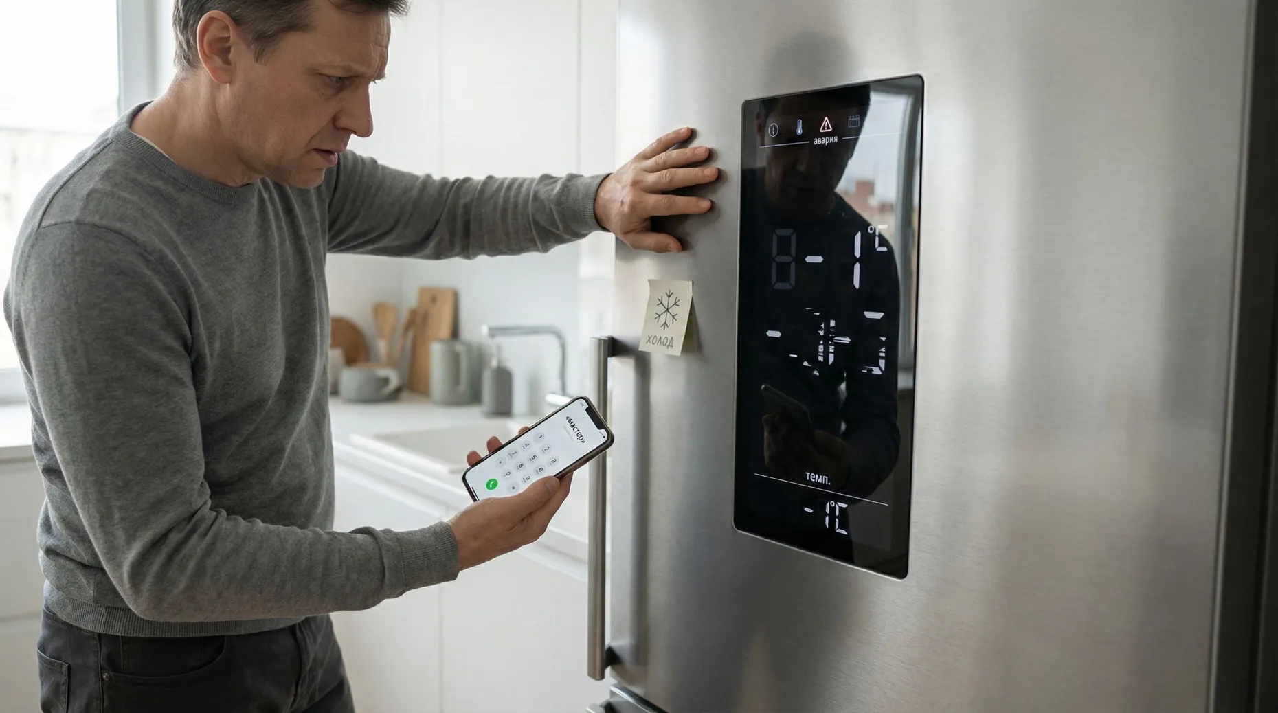 Современная кухня в нейтральных тонах, крупный план холодильника с электронным дисплеем на двери. На дисплее показана «каша» из мигающих разрозненных сегментов, часть цифр