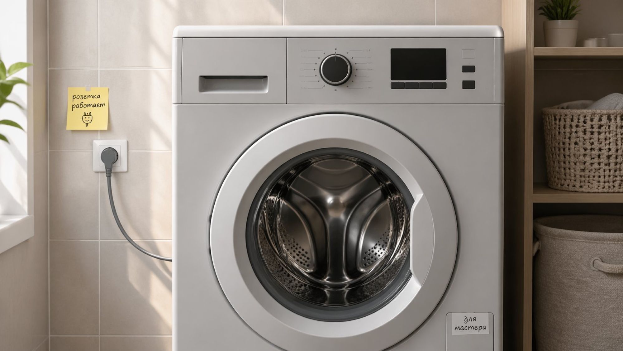 Современная стиральная машина в интерьере ванной/прачечной показана крупным планом спереди. На передней панели полностью тёмный дисплей и индикаторы, кнопки не подсвечены —