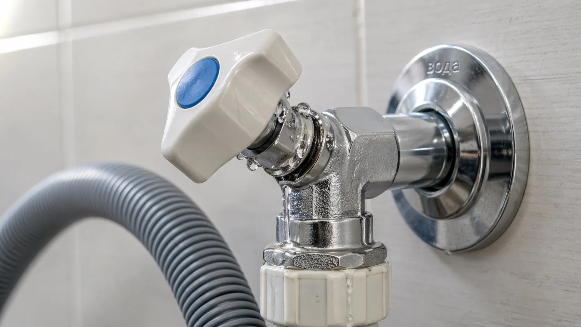Крупный план крана стиральной машины на фоне фрагмента стены и шланга. В центре — металлический корпус крана, из стены выходит короткий патрубок. На корпусе надет пластиковый