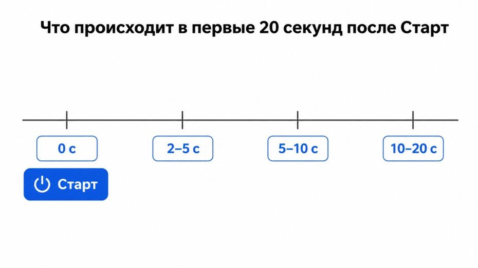 Горизонтальная инфографика «мини‑тайминг запуска стирки» с отметкой по секундам. Вверху по центру заголовок: «Что происходит в первые 20 секунд после Старт». Под ним