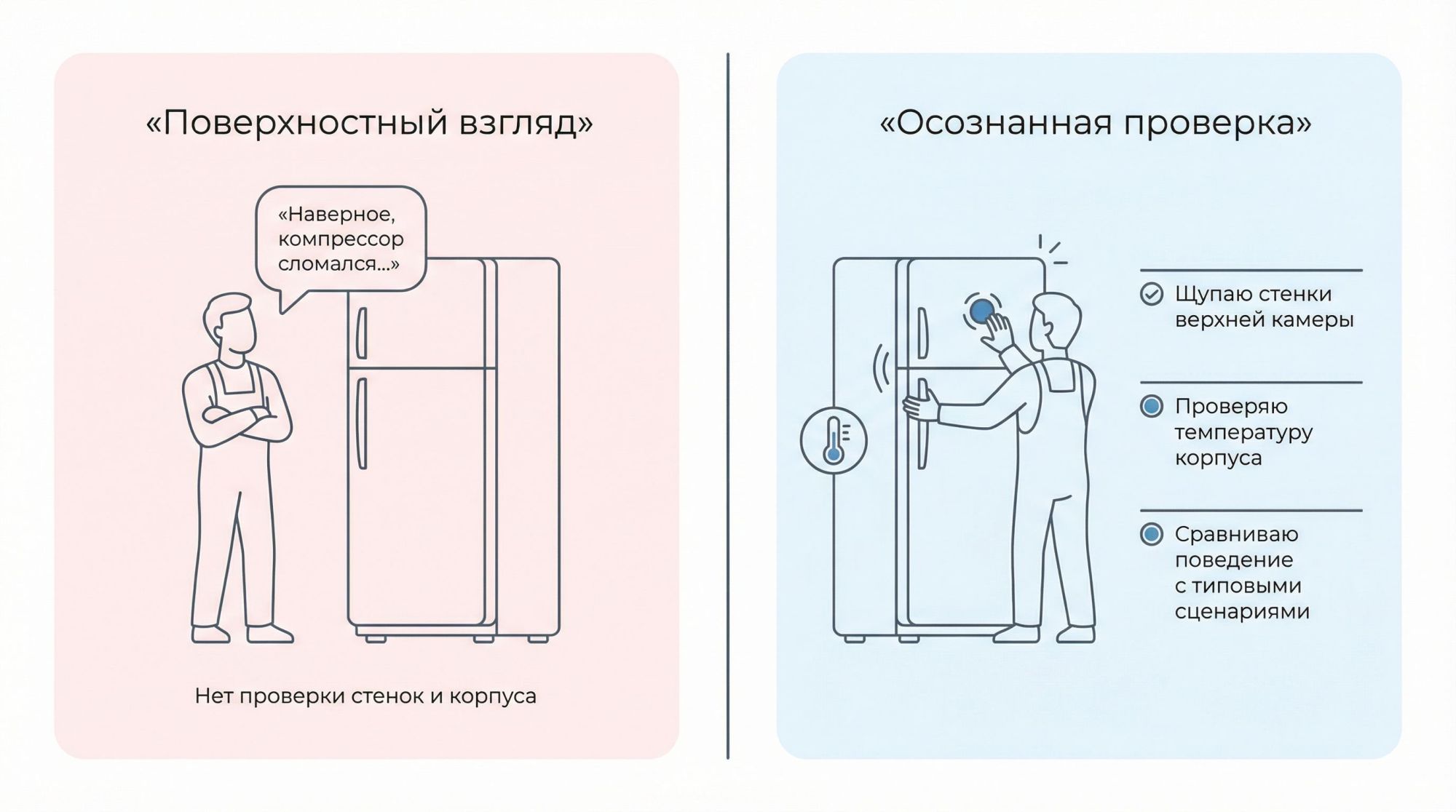 Горизонтальное разделённое изображение «до/после» с акцентом на правильную диагностику. Слева блок «Поверхностный взгляд», справа блок «Осознанная проверка». Левая половина (фон