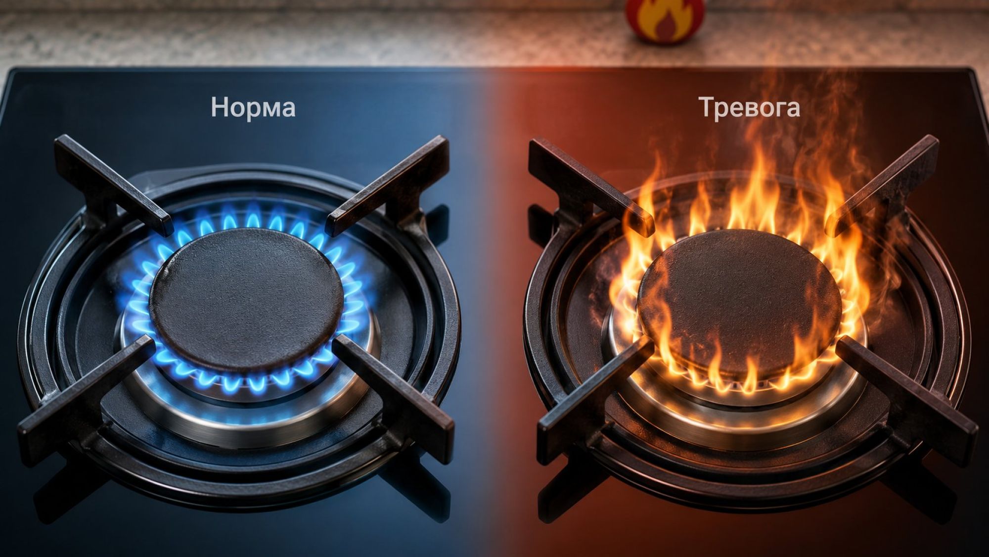 Современная кухонная плита крупным планом, вид сверху на одну активную конфорку. Экран поделен мягким градиентным фоном на два вертикальных поля: слева «Норма», справа «Тревога»