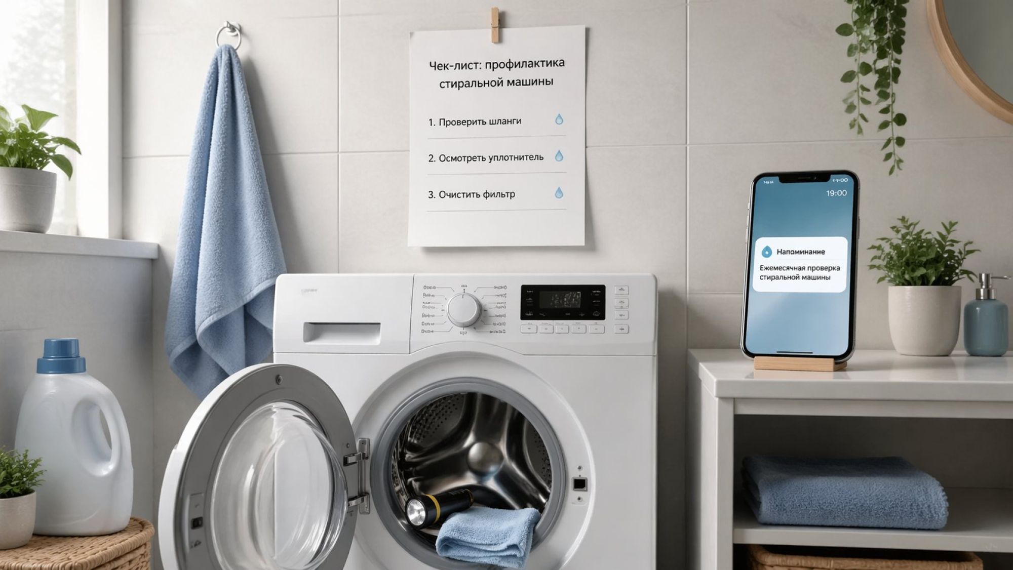 Современная стиральная машина в небольшой ванной, рядом на стене аккуратный бумажный чек-лист. Композиция фронтальная, стиль минималистичный, без лишних деталей. Стиралка чистая