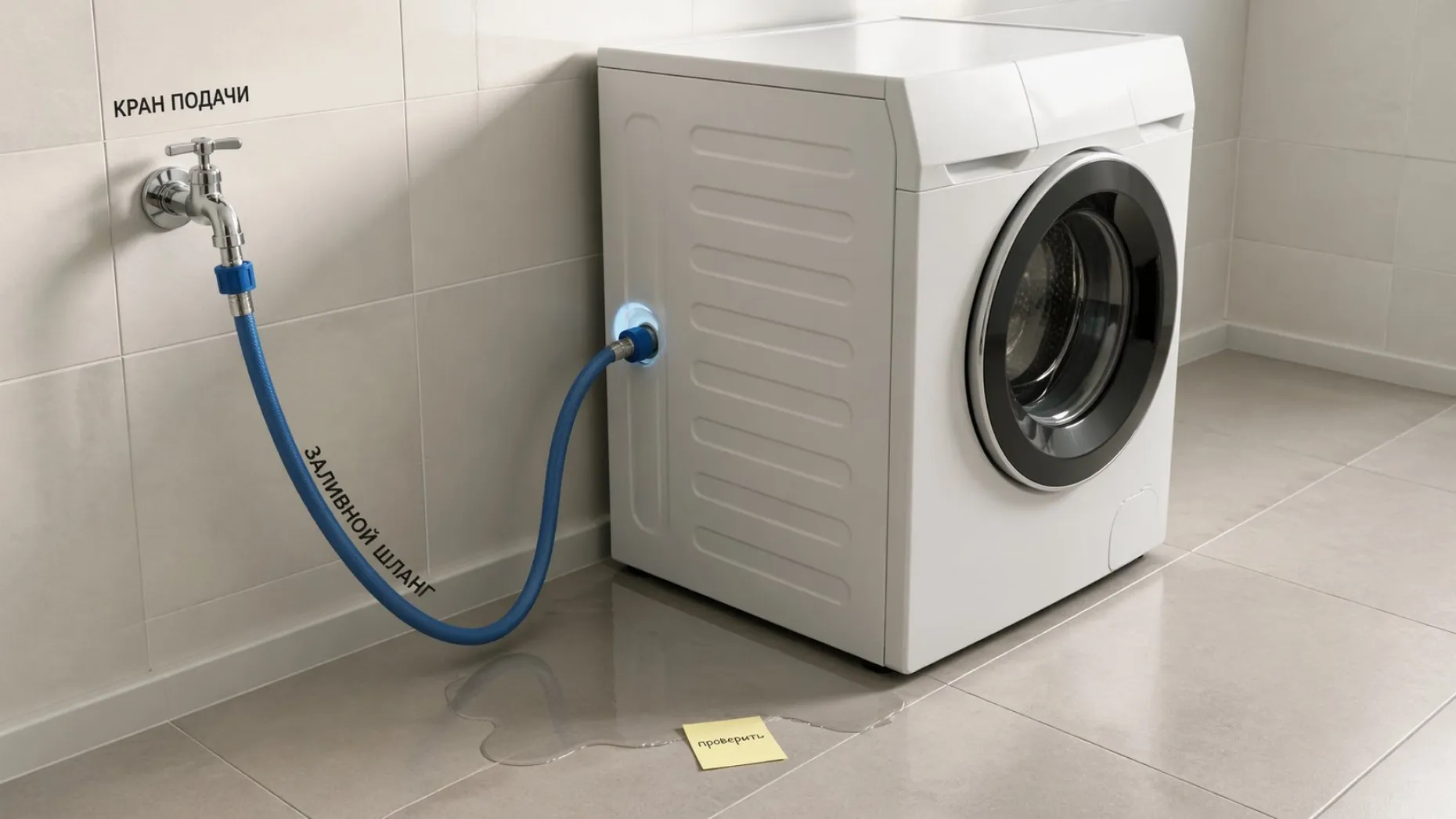 Современная стиральная машина в углу ванной комнаты, вид сбоку и немного сверху. На переднем плане ясно показана линия подачи воды: настенный кран с подписью крупным шрифтом над