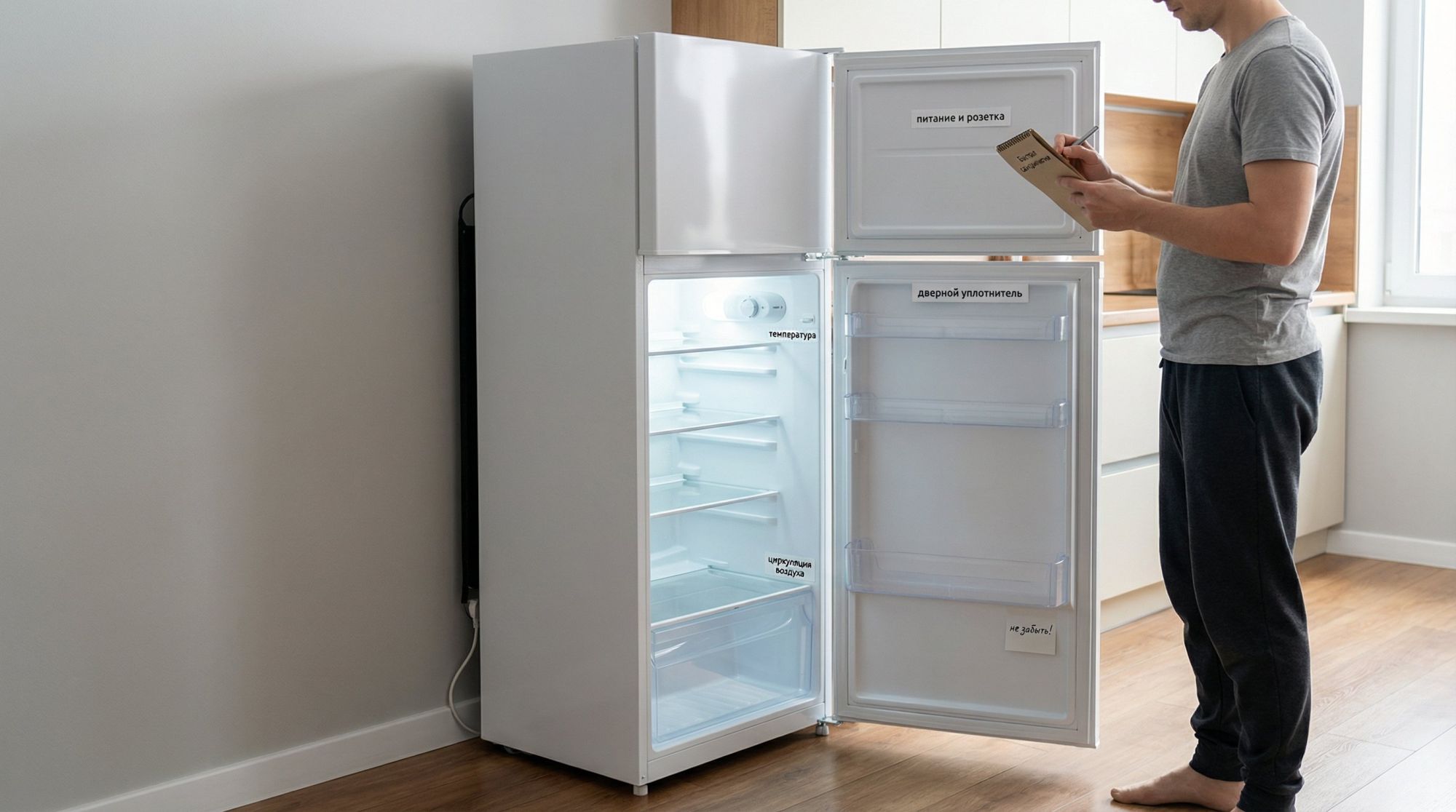 Вертикальная пошаговая визуальная памятка из четырёх блоков, расположенных столбиком справа от силуэта холодильника. Слева нарисован упрощённый холодильник, внутри которого темно