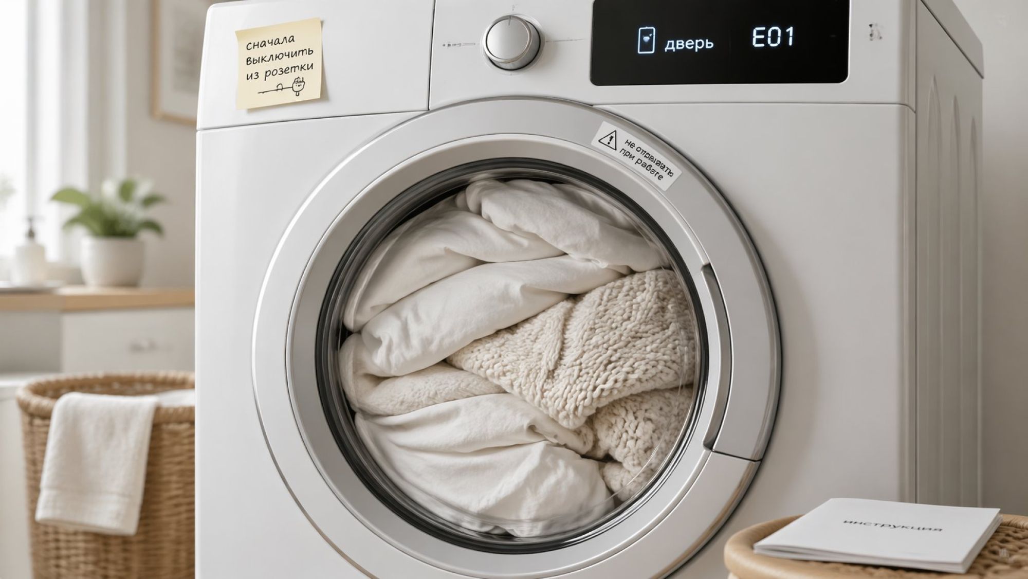 Современная стиральная машина фронтального типа показана крупным планом в спокойной домашней обстановке. На передней панели светится индикатор «дверь» и небольшой условный код