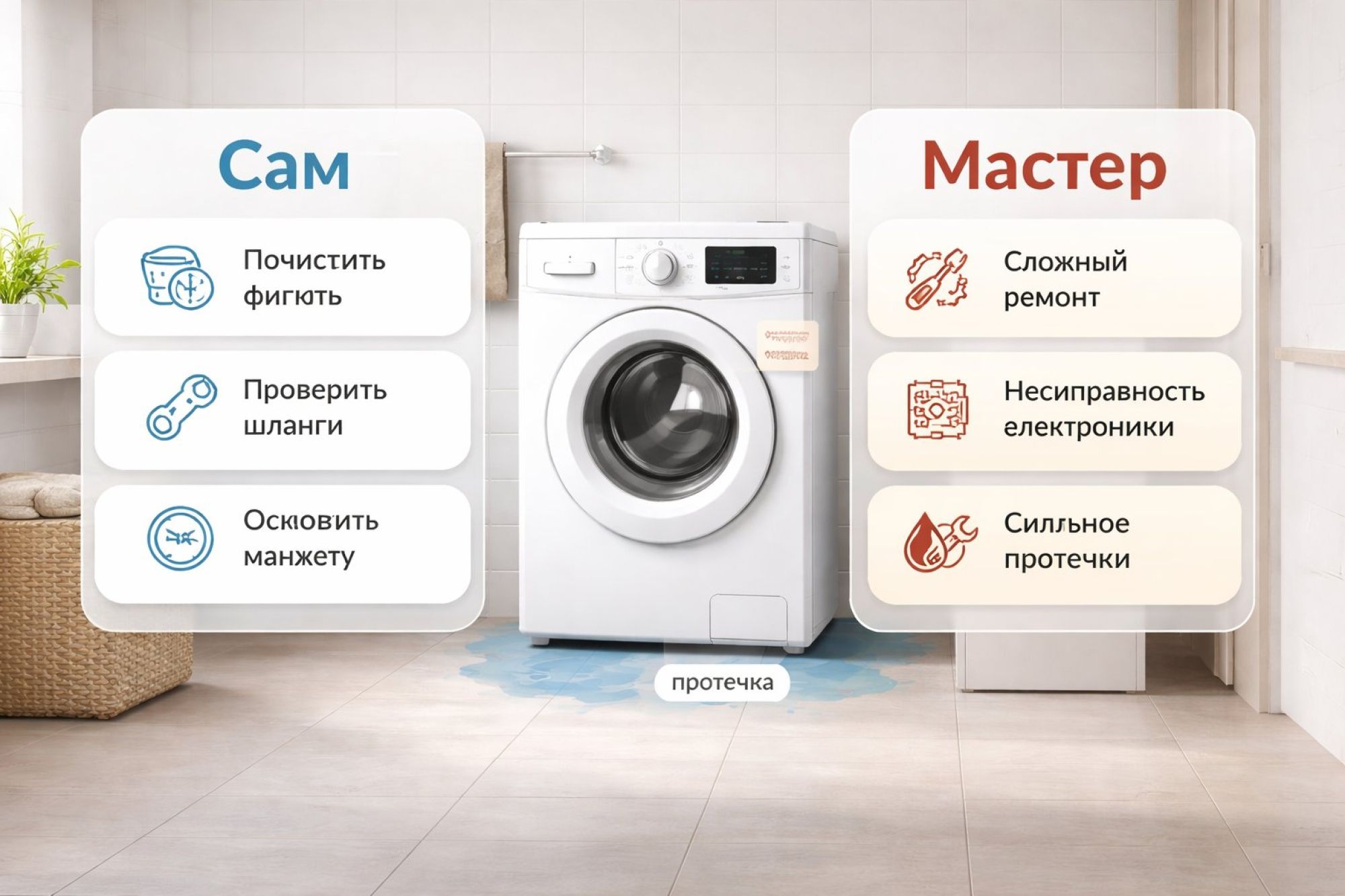 Инфографика в виде вертикально разделенного экрана «Сам» и «Мастер» вокруг стиральной машины. По центру — простая современная стиральная машина в ванной, чуть сдвинута вправо