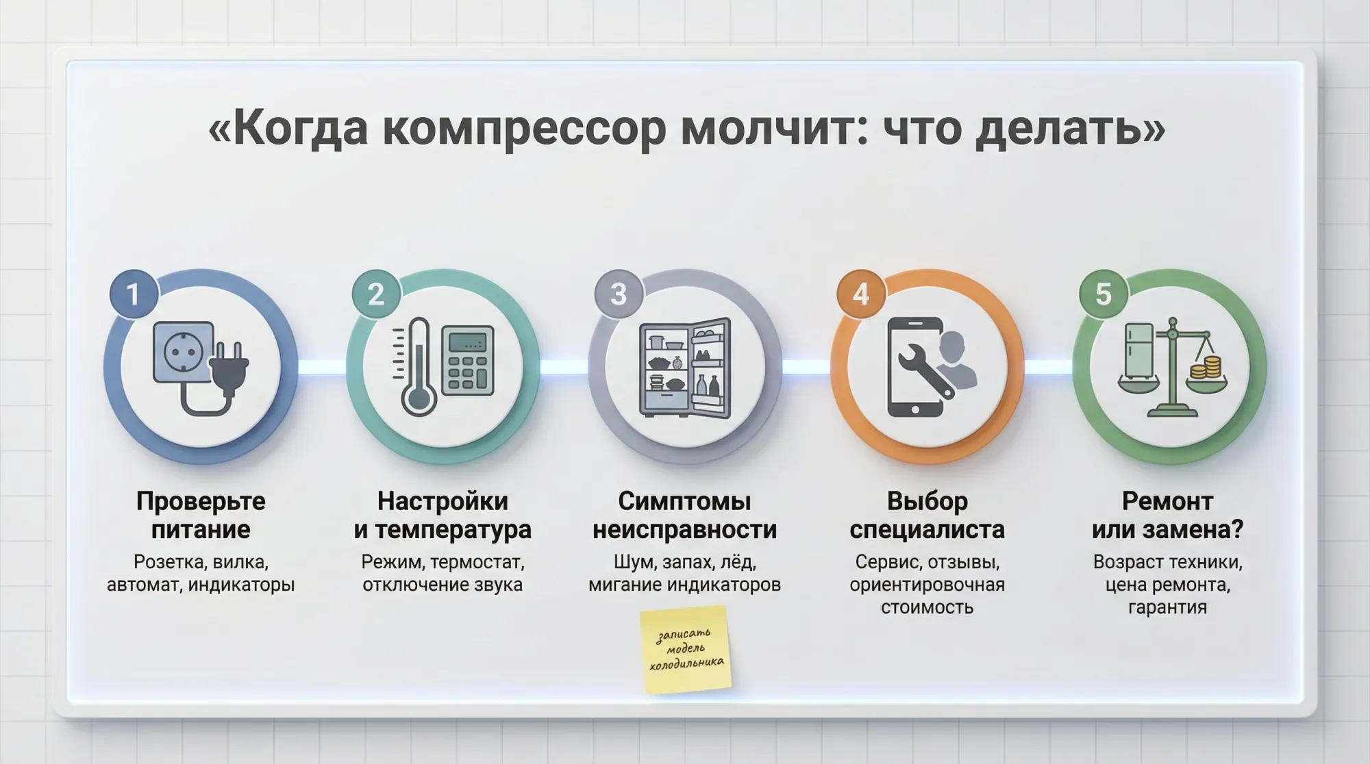 Горизонтальная инфографика‑шпаргалка в виде линейной дорожки из 5 шагов слева направо, оформленная современно и минималистично. Каждый шаг — крупный круг с иконкой, под ним