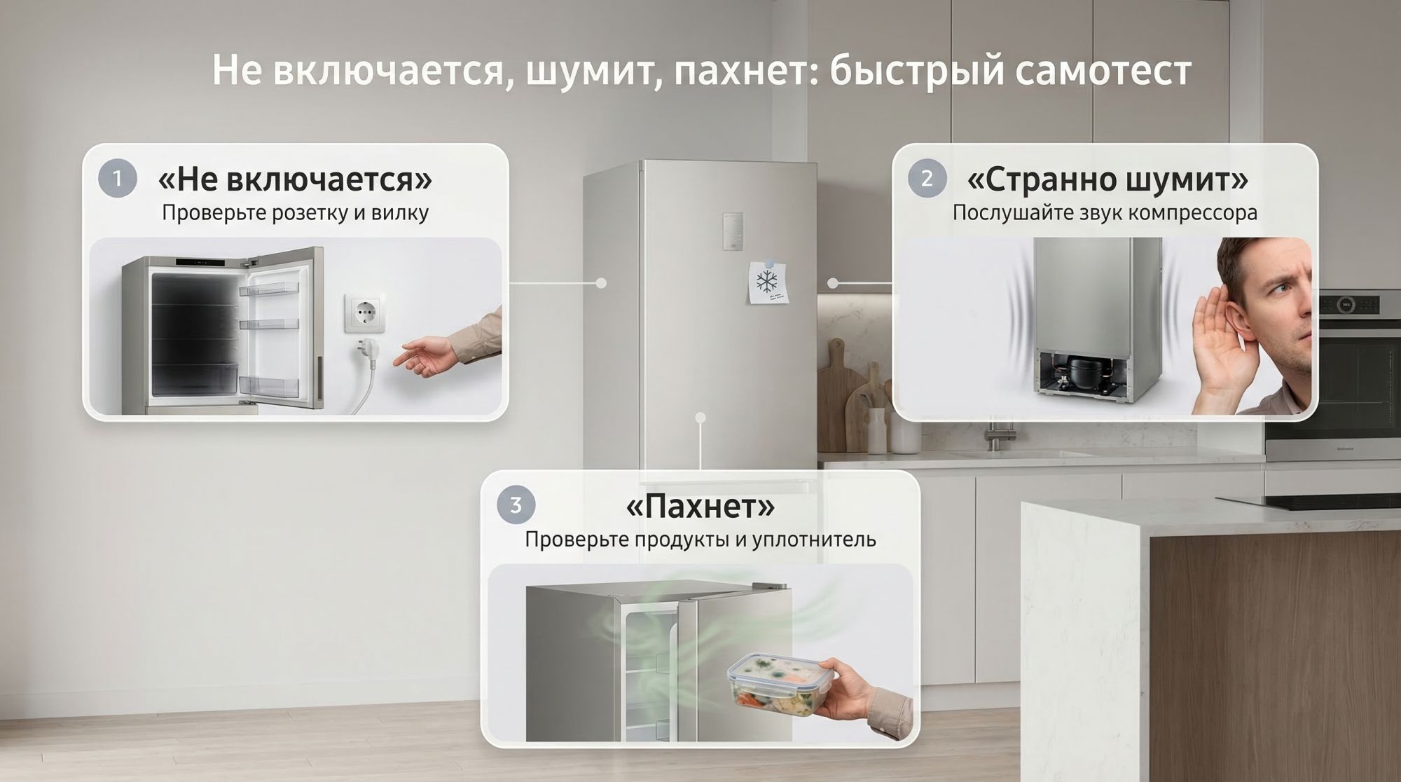 Современная аккуратная кухня в нейтральных тонах, в центре — холодильник в легкой изометрии, вокруг которого как бы «висят» три заметных блока-сцены, объединённых тонкими линиями