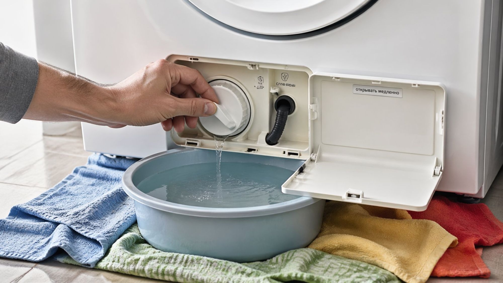 Крупный план нижней передней части стиральной машины. Под машиной разложены сложенные в несколько слоев тряпки, под лючком стоит низкий широкий таз. Нижний сервисный лючок открыт