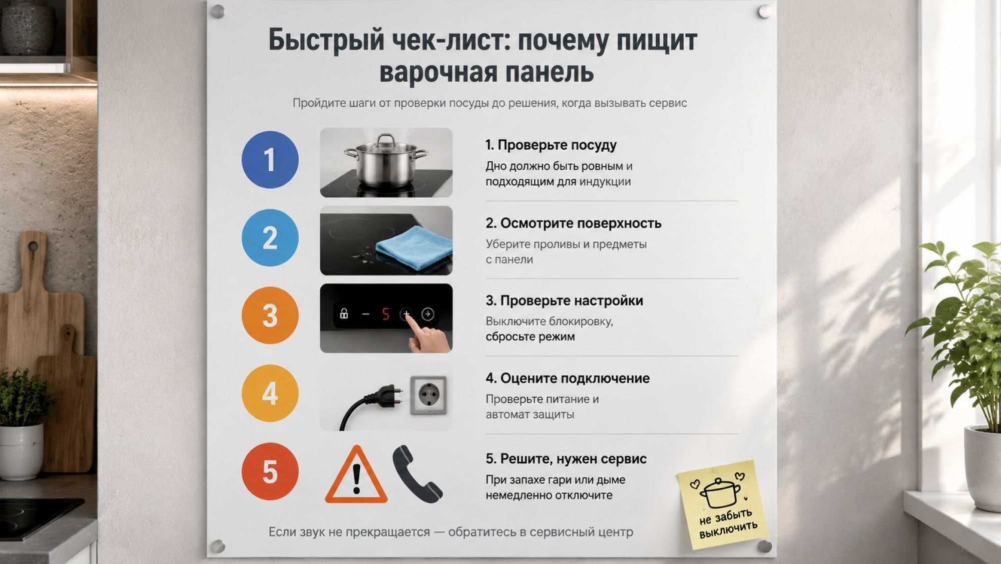 Инфографика в виде вертикального чек-листа из 5 шагов, занимает почти весь лист. Слева крупные пронумерованные кружки 1–5, справа от каждого — небольшая иконка и короткий текст