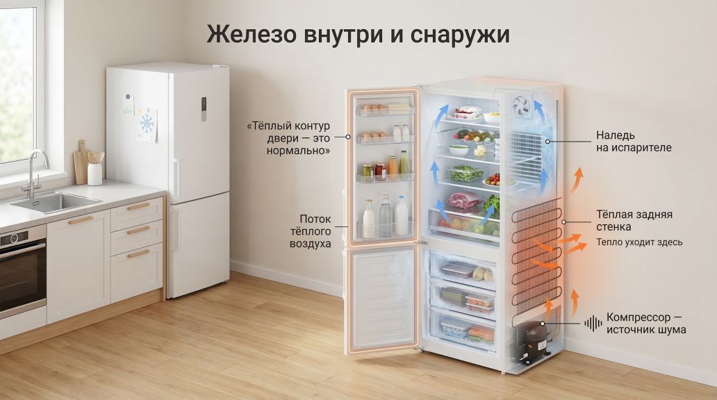 Аккуратная изометрическая схема бытового холодильника, показанного в разрезе сбоку: левая часть — интерьер кухни с холодильником у стены, правая — условный «рентген», где видны