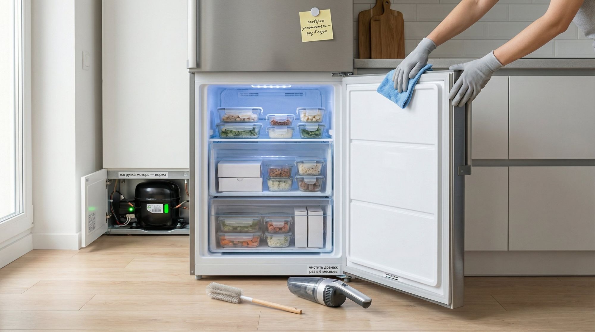 Аккуратная современная кухня, на переднем плане открытая морозильная камера холодильника на уровне пояса. Внутри видно умеренно заполненные ящики с аккуратными упаковками, между