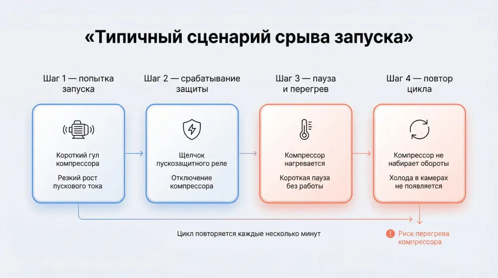Горизонтальная схема‑таймлайн на белом фоне с четырьмя шагами, иллюстрирующая повторяющийся цикл сбоя. Вверху по центру заголовок: «Типичный сценарий срыва запуска». Под ним слева