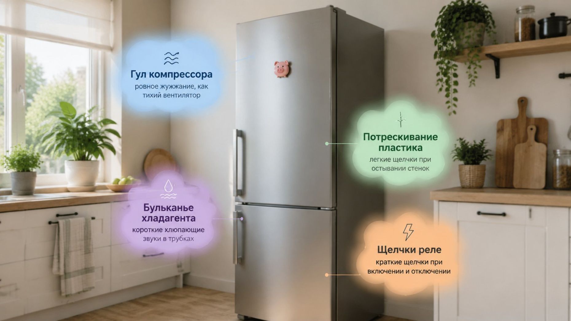 Современная светлая кухня, на переднем плане стоит холодильник в полный рост, вид немного сбоку. Вокруг холодильника в виде мягких полупрозрачных «облачков» нарисованы разные