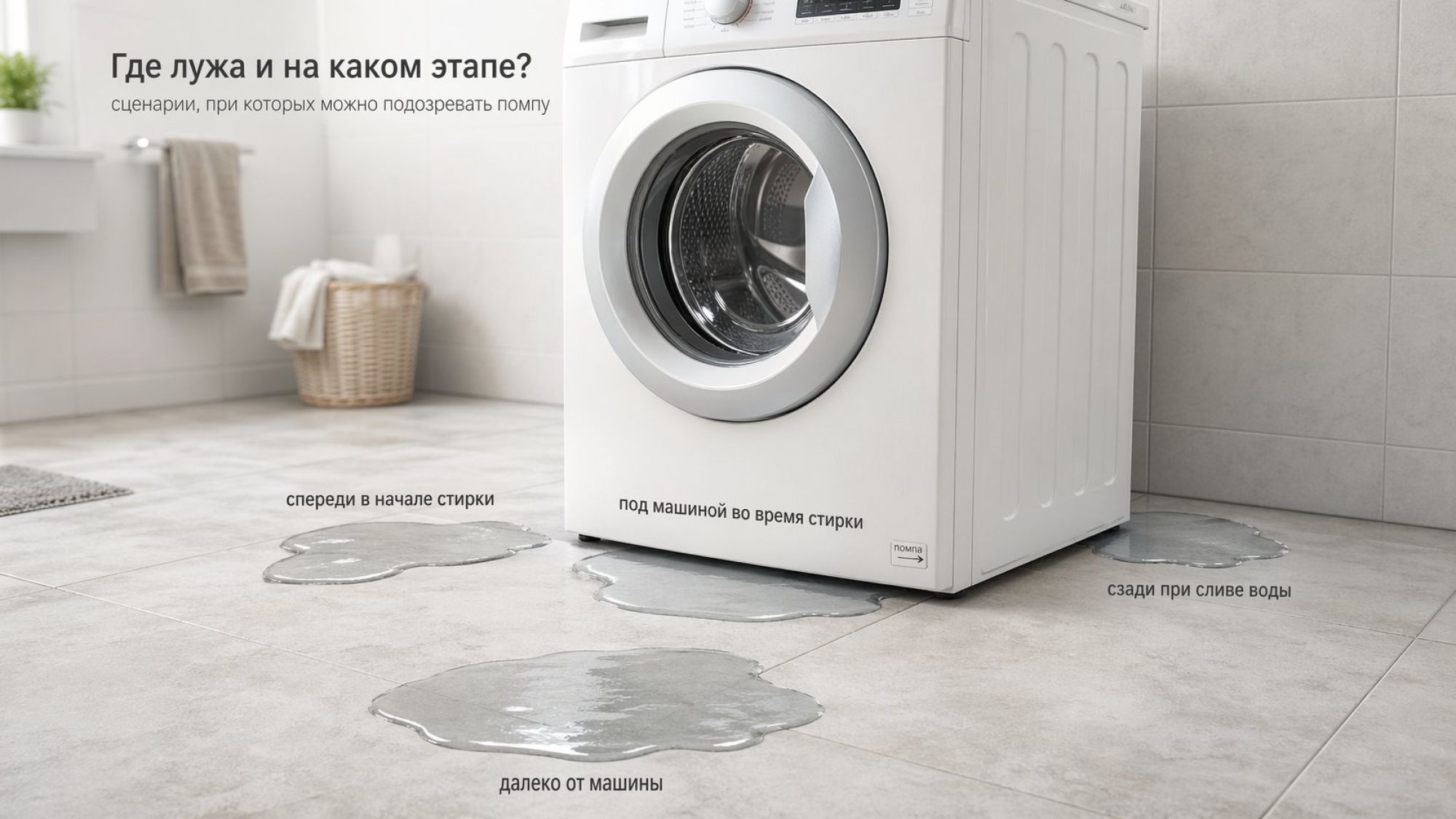 Современная фронтальная стиральная машина в простой ванной. На полу перед машиной — несколько условных луж, каждая подписана как отдельный «сценарий». Вид сбоку-сверху, чтобы были