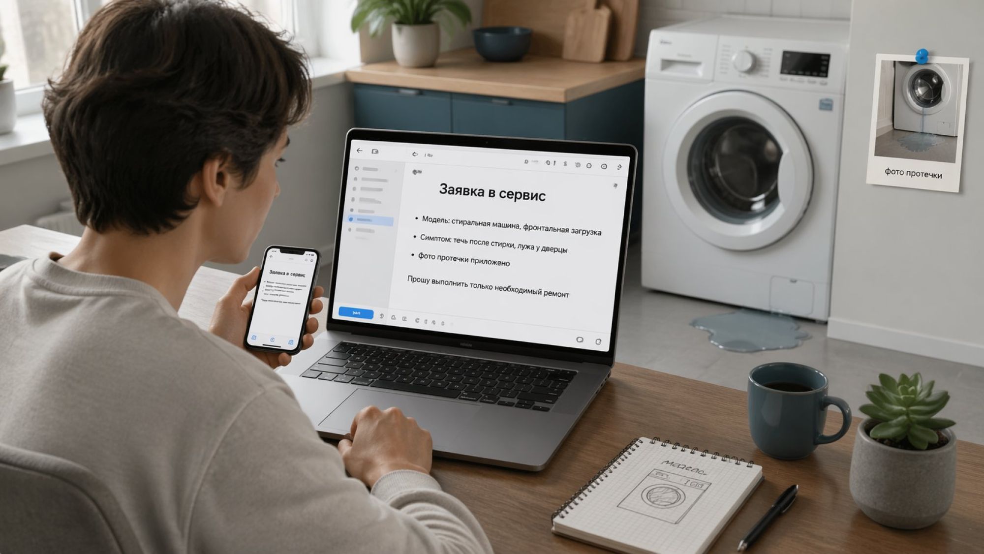 Современная, аккуратная плоская иллюстрация: на переднем плане хозяин квартиры (без конкретного пола, в нейтральной одежде) сидит за столом с ноутбуком и смартфоном, на экране