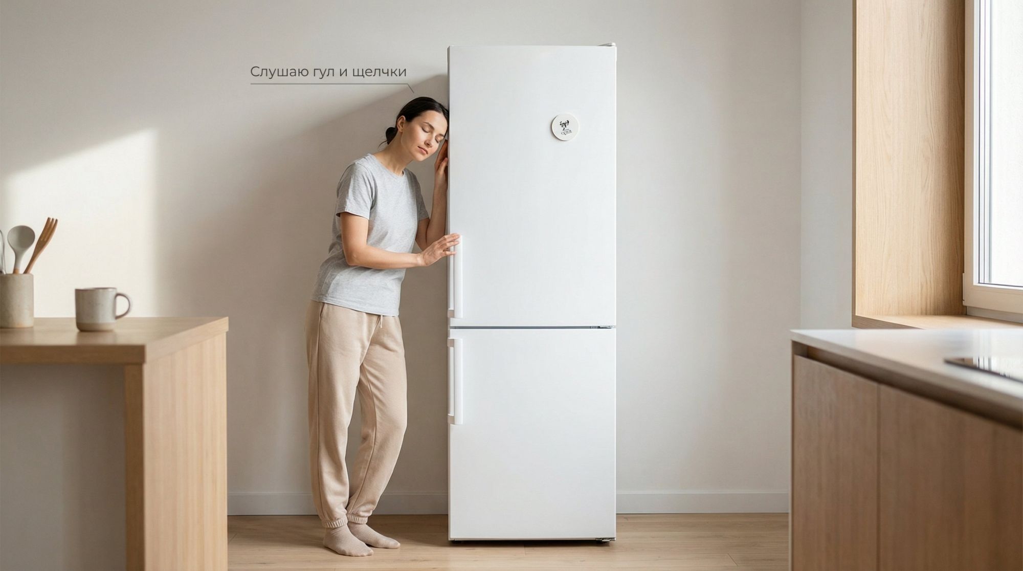 Интерьер кухни в современном минималистичном стиле. В центре — напольный холодильник, рядом с ним стоит человек в домашней одежде, слегка наклонившись к двери и прислушивающийся