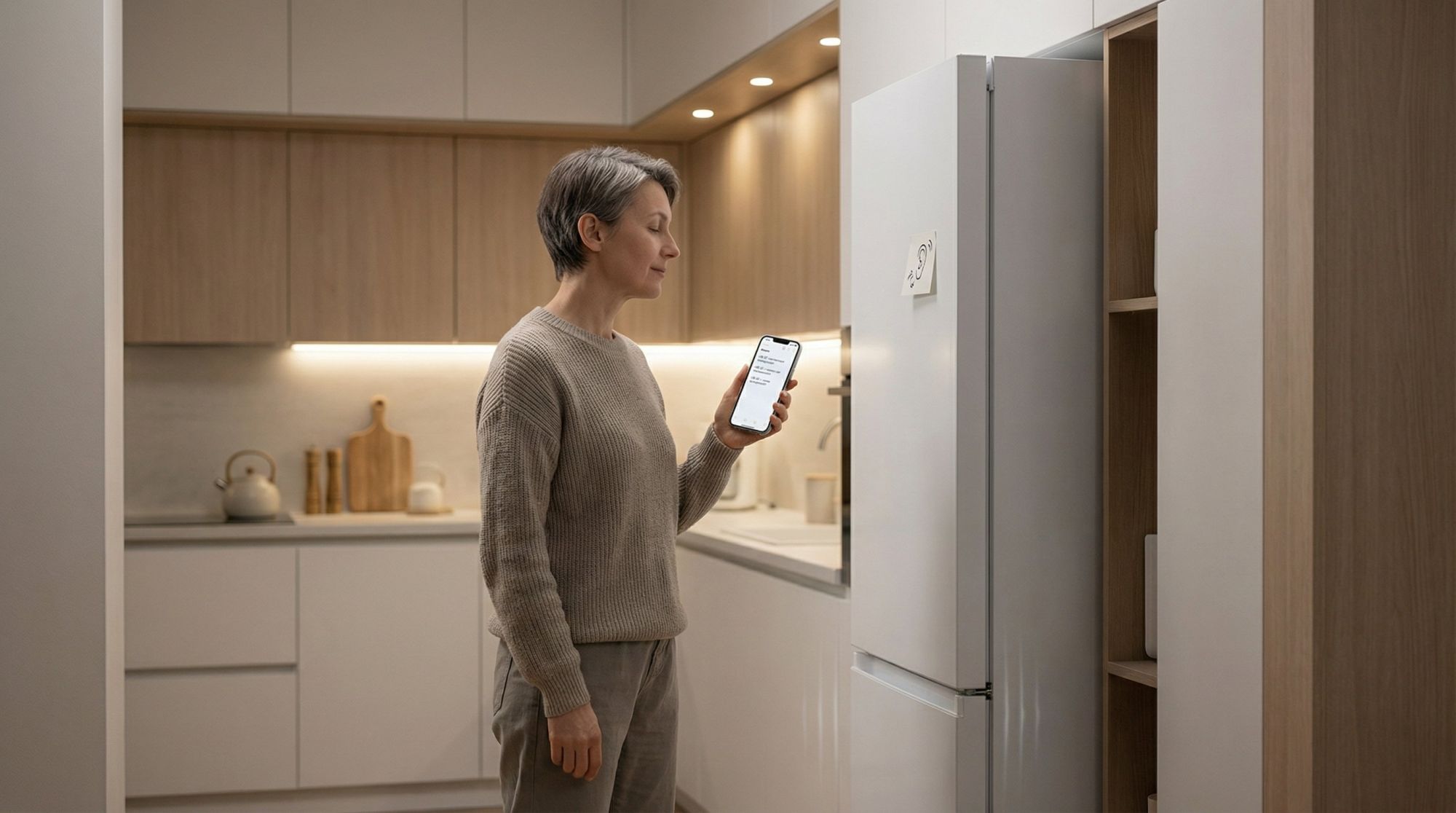Небольшая современная кухня в спокойных нейтральных тонах. На переднем плане человек средних лет стоит в двух шагах от высокого холодильника, слегка наклонив голову в его сторону