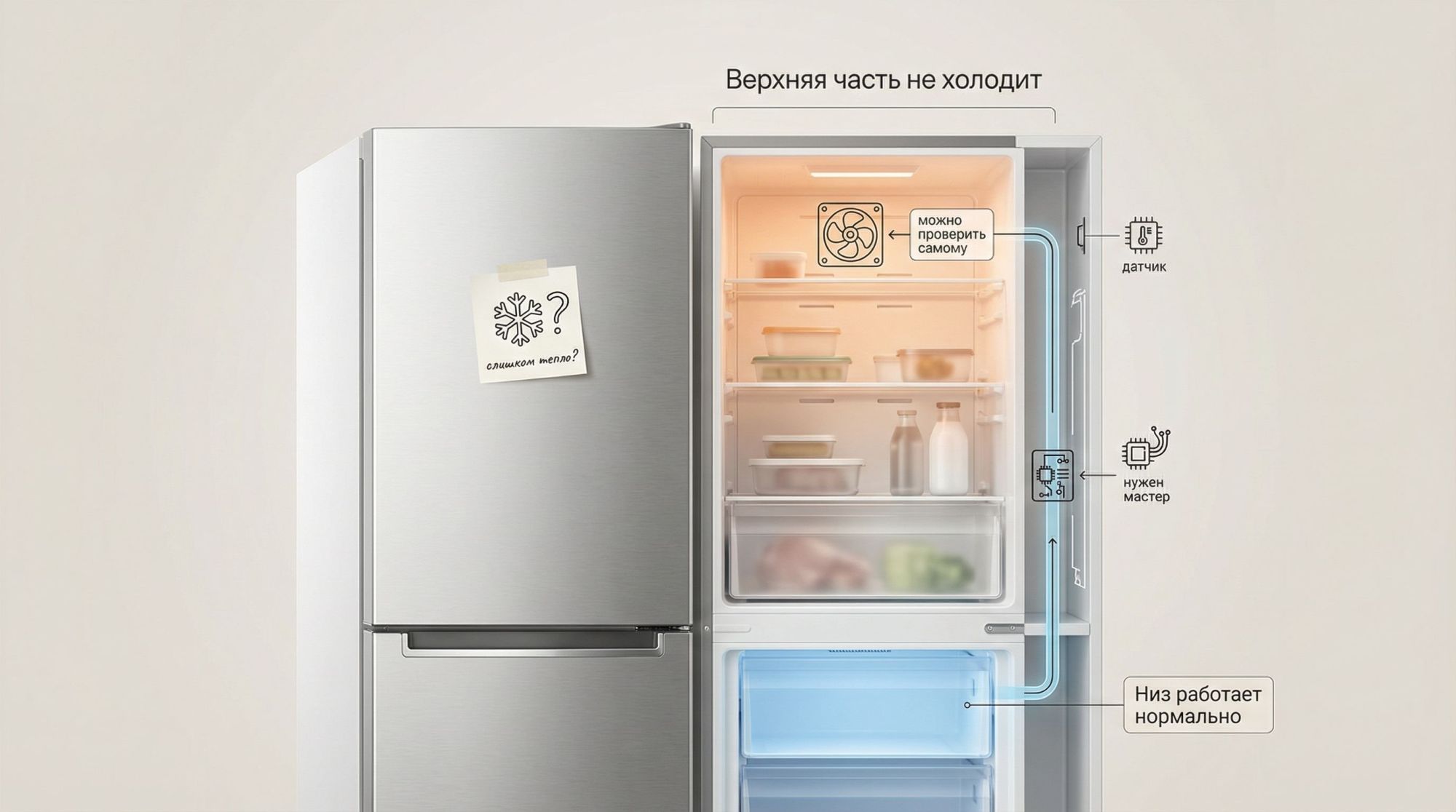 Инфографика во всю ширину: на светлом фоне фронтальный вид двухкамерного холодильника, правая половина корпуса как бы «срезана» и видно простую схему изнутри. Верхняя камера