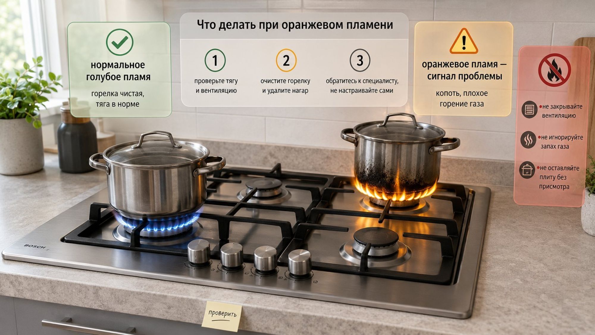 Современная кухня в нейтральных тонах, вид немного сверху. В центре — газовая плита с четырьмя конфорками. На ближней левой конфорке горит ровное голубое пламя, на дальней правой