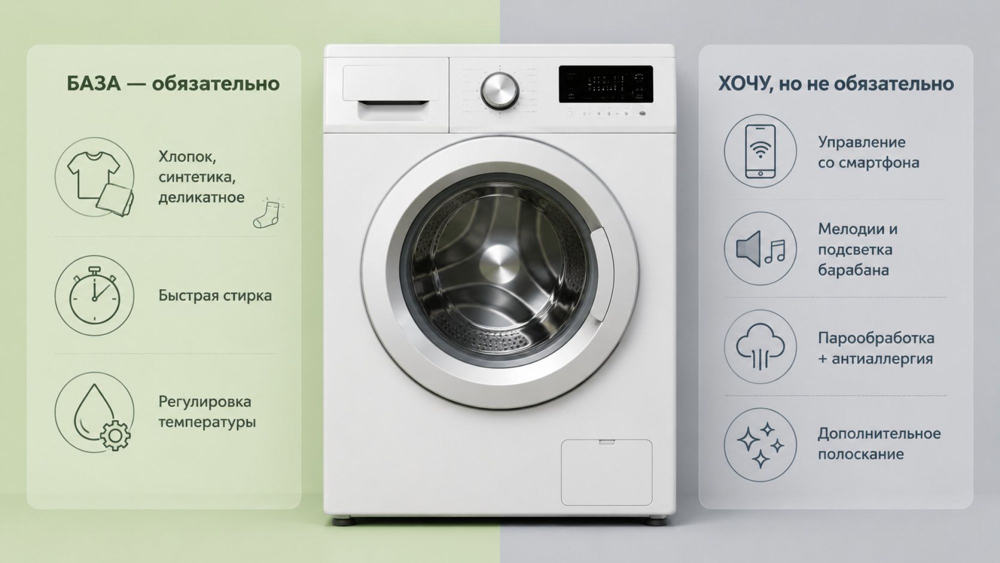 Минималистичная инфографика в виде разделённого пополам экрана с большой стиральной машиной по центру. Слева крупный блок «БАЗА — обязательно» с лаконичными иконками и подписями