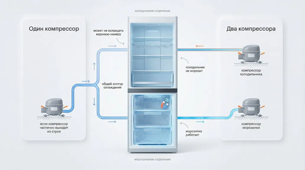 Инфографика в современном минималистичном стиле: вертикальная иллюстрация корпуса двухкамерного холодильника по центру, разделённая на две основные части: сверху холодильное
