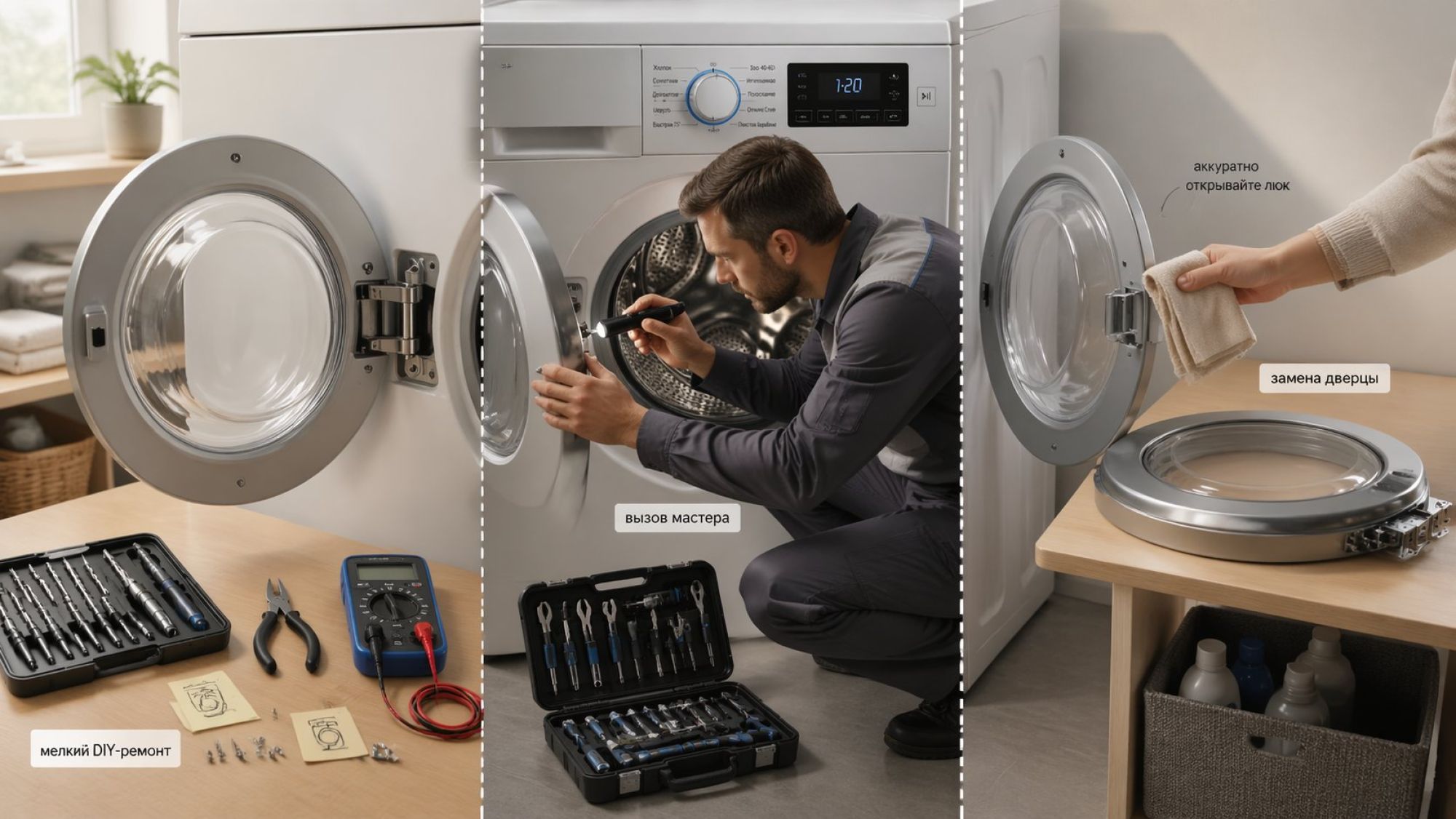 Современная стиральная машина в полуобъемном виде, акцент на передней дверце. Сцена разделена условно на три зоны слева направо, как визуальное продолжение темы «ремонт или