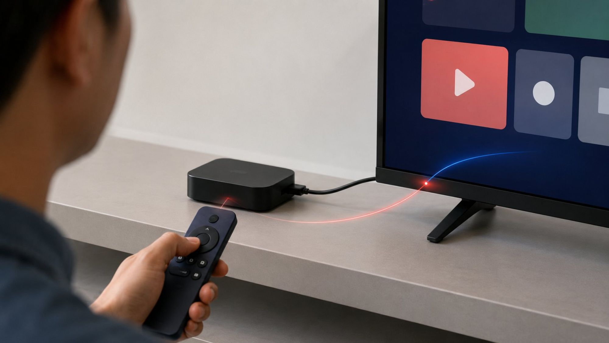 Плоская clean product-style иллюстрация на светлом холодном фоне: слева пульт приставки направлен на компактную ТВ-приставку, от приставки идет тонкая HDMI-линия к телевизору