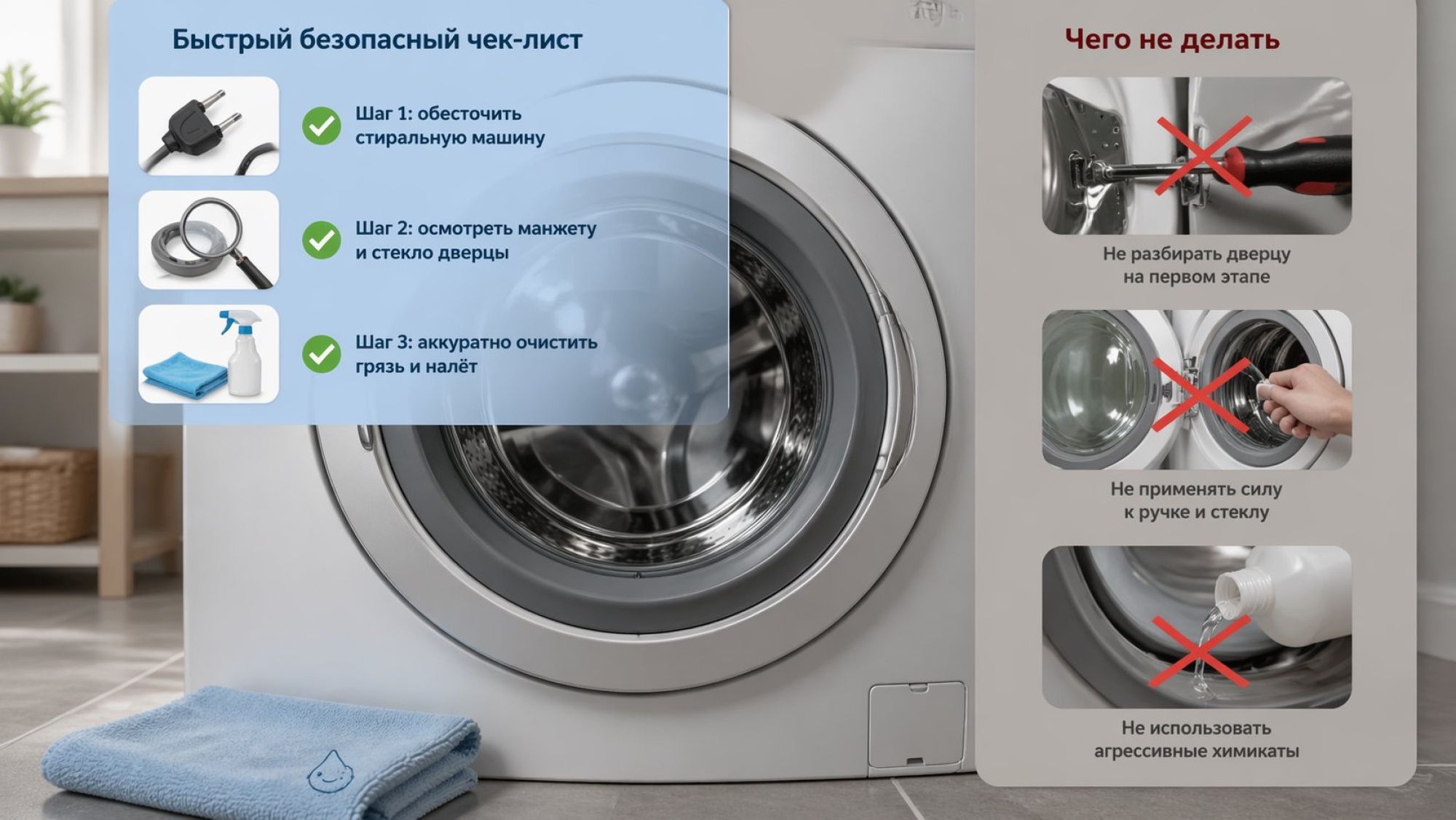 Современная фронтальная стиральная машина крупным планом на уровне дверцы, вид немного сверху. Сцена разбита визуально на два вертикальных блока: слева — «Быстрый безопасный