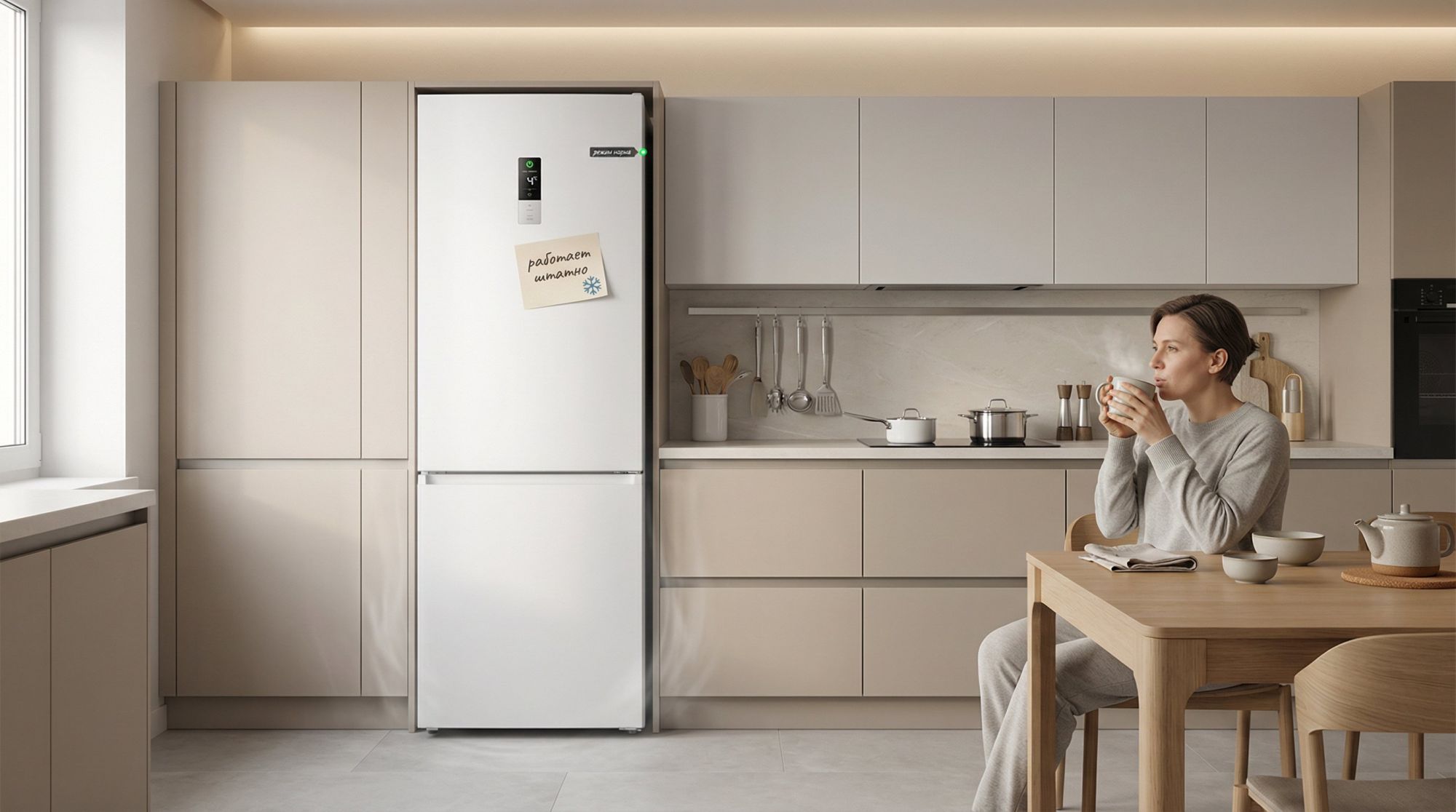 Интерьер современной кухни в спокойных тонах, в центре — стандартный двухкамерный холодильник белого или светло-серого цвета. Вокруг тихая обстановка: на заднем плане человек в