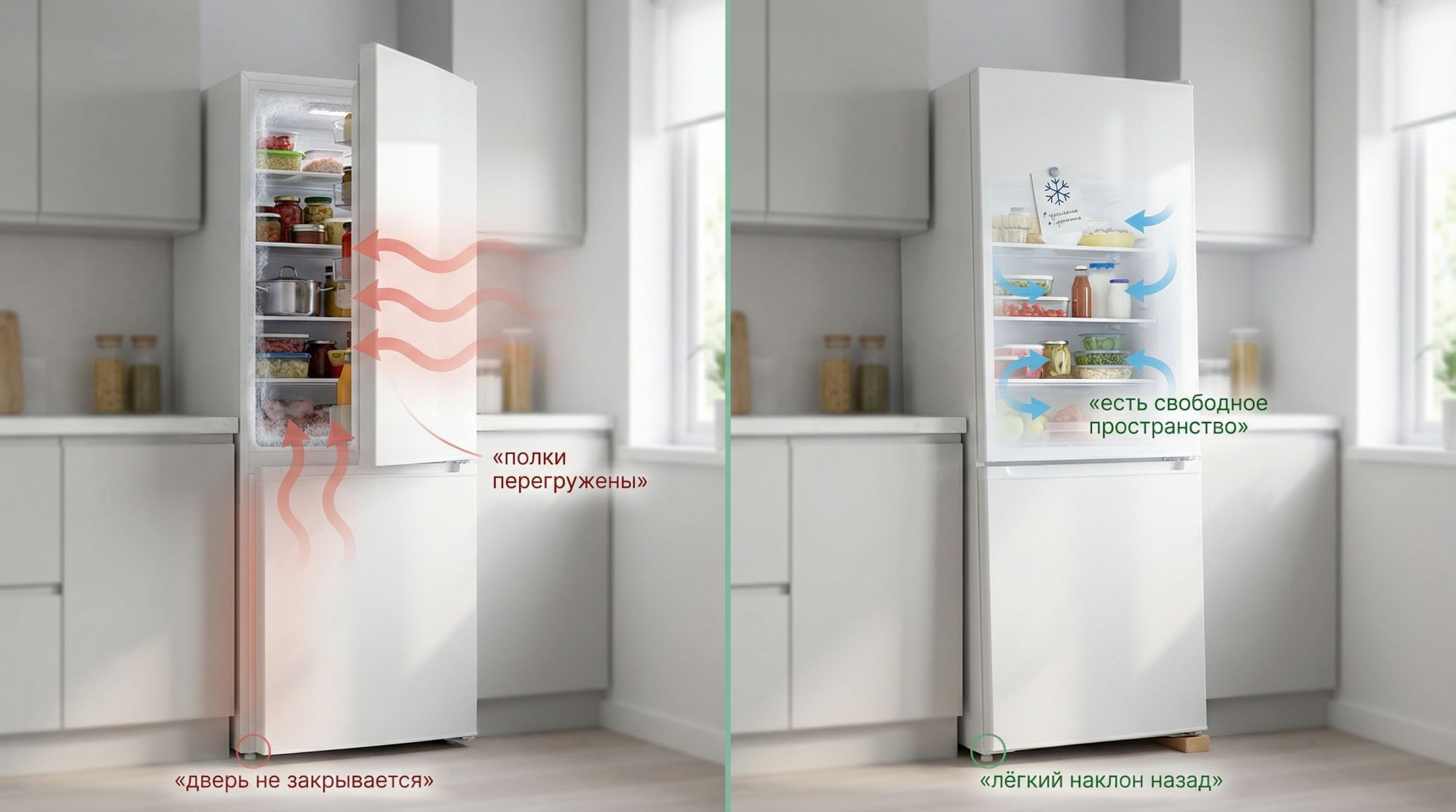 Светлая аккуратная кухня, на переднем плане стандартный двухкамерный холодильник с верхней холодильной камерой. Изображение поделено на две части вертикальной тонкой линией (без