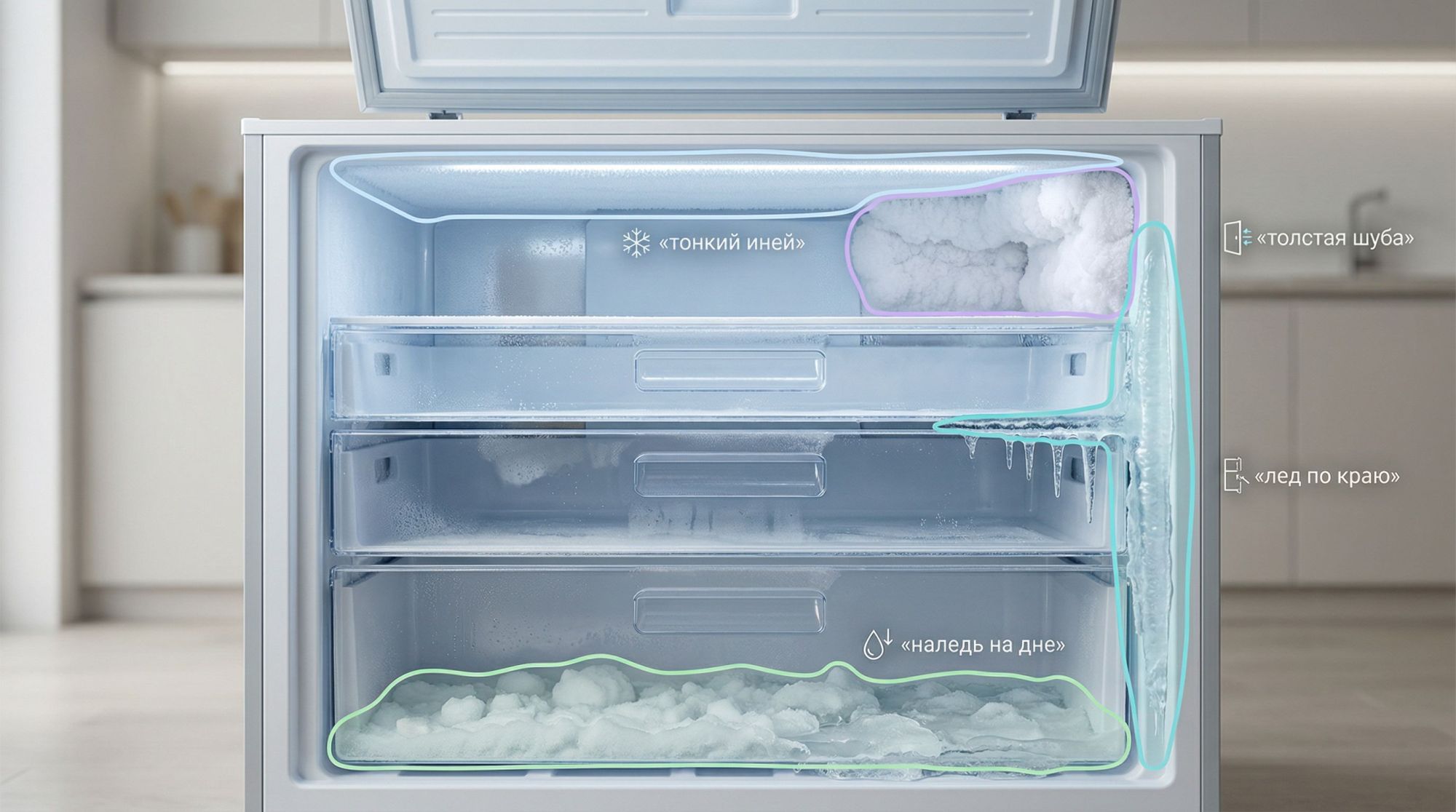 Аккуратная современная морозильная камера в разрезе спереди, видна внутренняя часть с тремя ящиками. На разных участках показаны четыре типа льда, каждый выделен мягким цветным