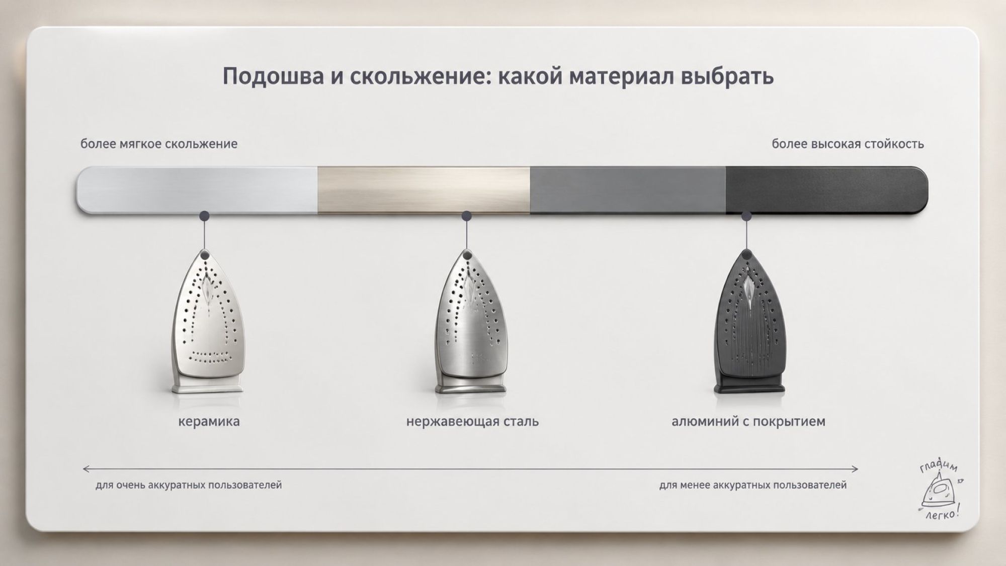 Инфографика в виде горизонтальной шкалы выбора материала подошвы утюга в зависимости от аккуратности пользователя. Слева мягкие материалы, справа — стойкие. Фон светлый