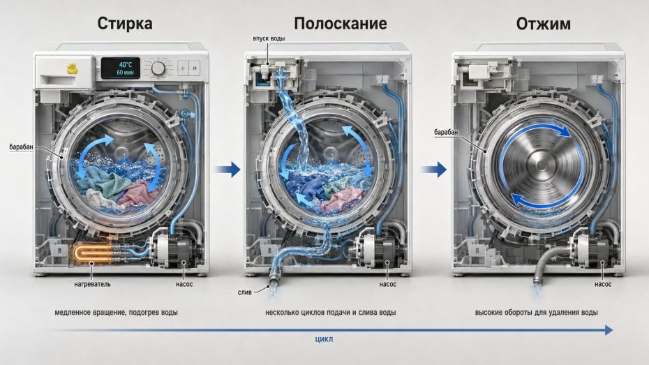 Инфографика в разрезе стиральной машины, горизонтальный формат. Слева направо показана линейная «лента» цикла: три крупных блока с подписями сверху: слева блок «Стирка», в центре