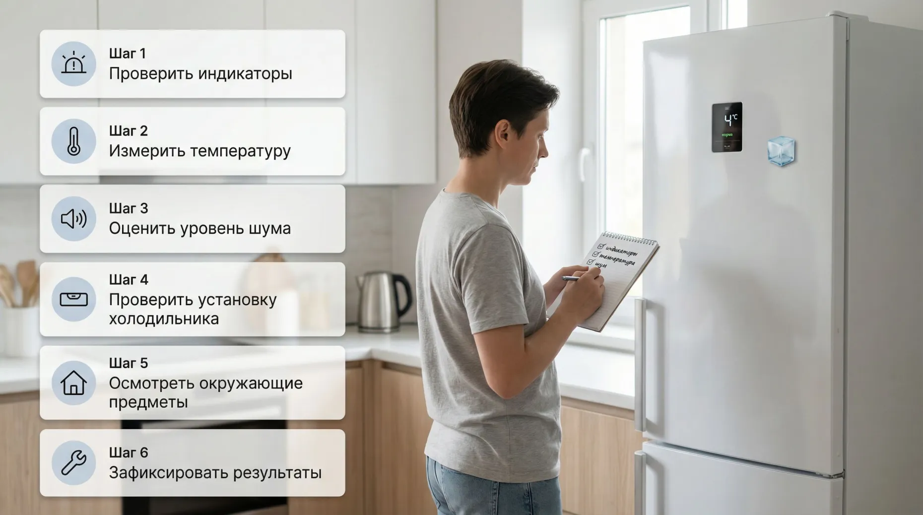 Вертикальная иллюстрация‑сцена: на переднем плане холодильник в современной кухне, рядом стоит человек с блокнотом в руках, визуально показывается пошаговый чек‑лист. Слева от