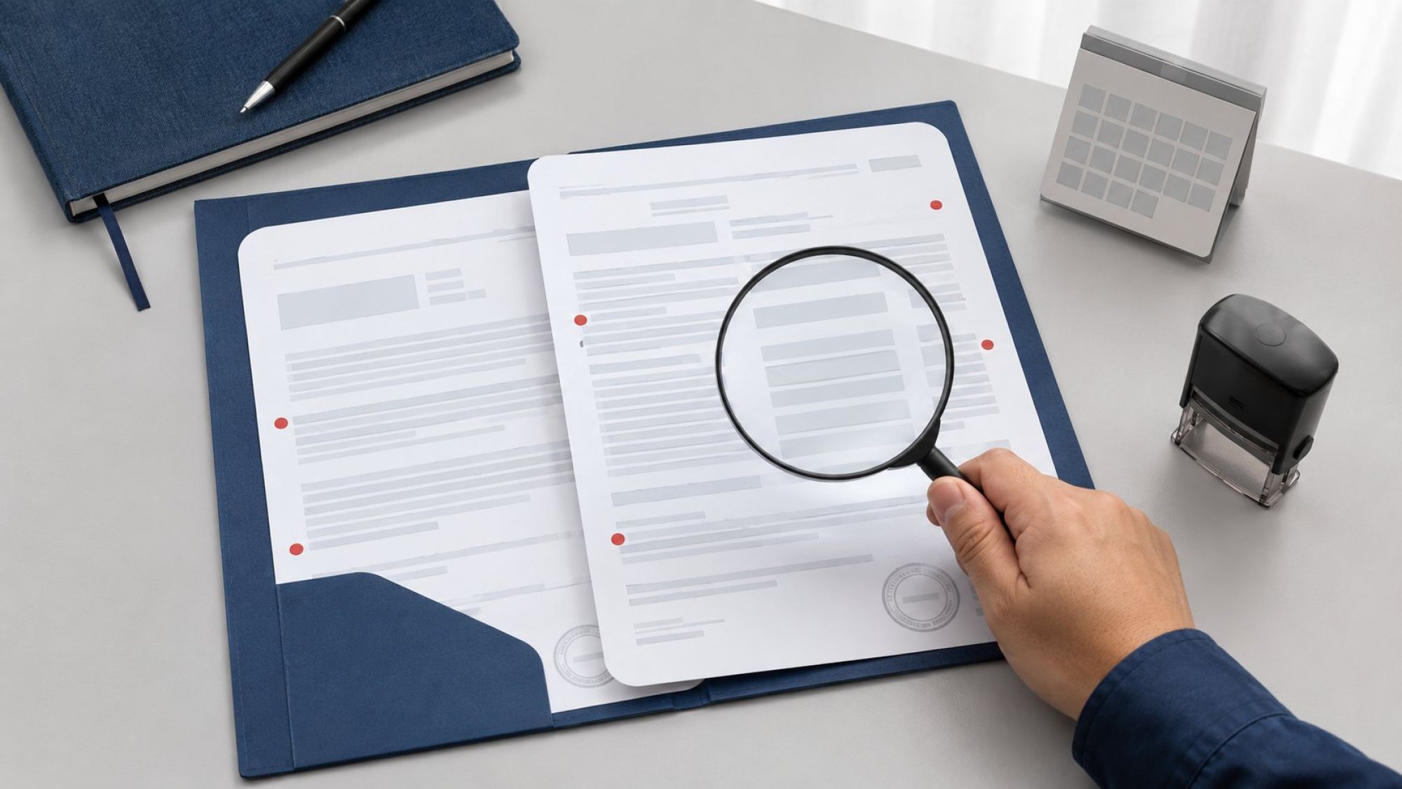 Clean product-style flat UI illustration on a very light cool-white background: a specialist’s desk with an open regulatory document folder shown as two overlapping rounded