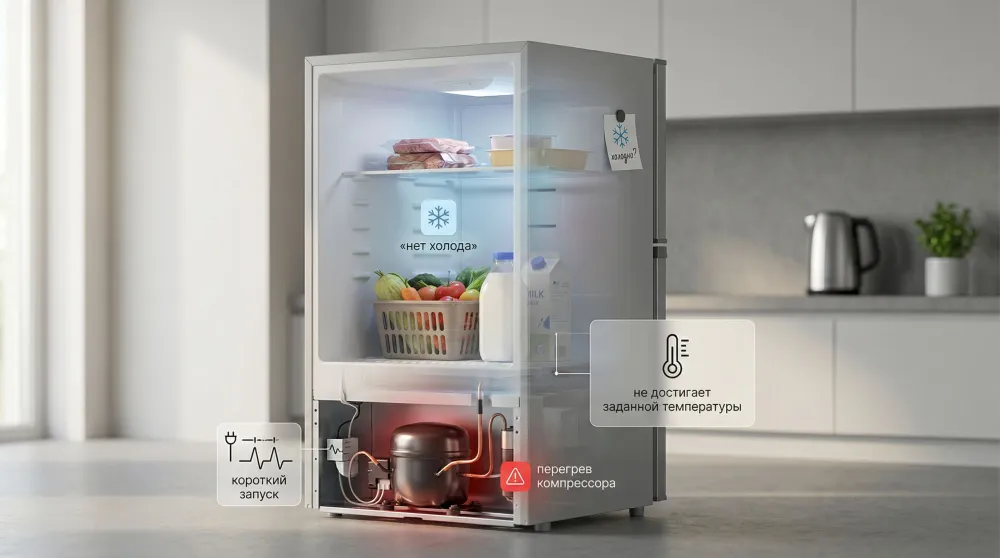 Современный кухонный интерьер в нейтральных тонах, в центре — обычный двухкамерный холодильник крупным планом, вид сбоку/чуть сзади, чтобы была видна область компрессора. На